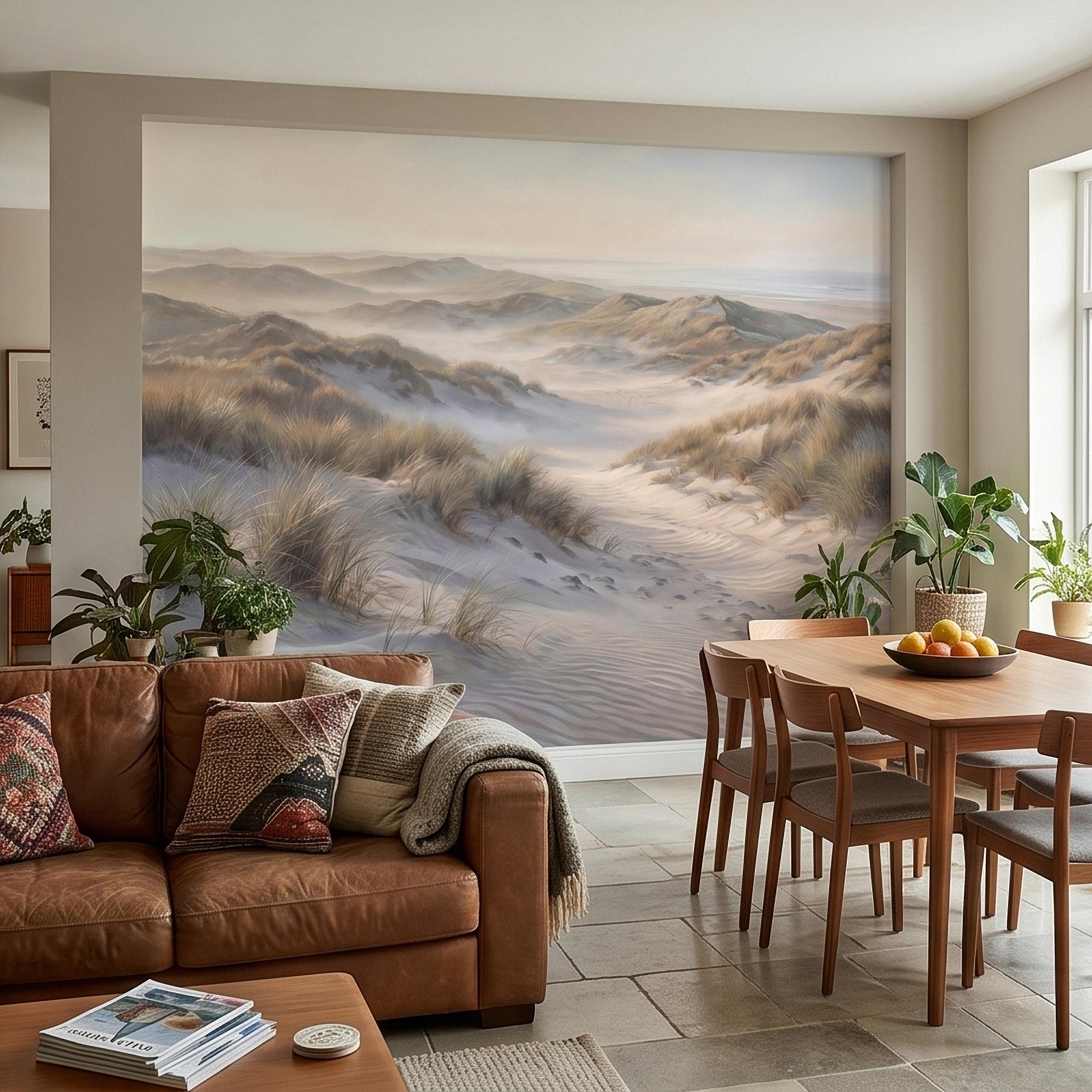 Coastal Sand Dunes Peel and Stick Wall Mural, Soft Neutral Beach Landscape with Sea Grass and Misty Horizon, Calm Minimal Wallpaper