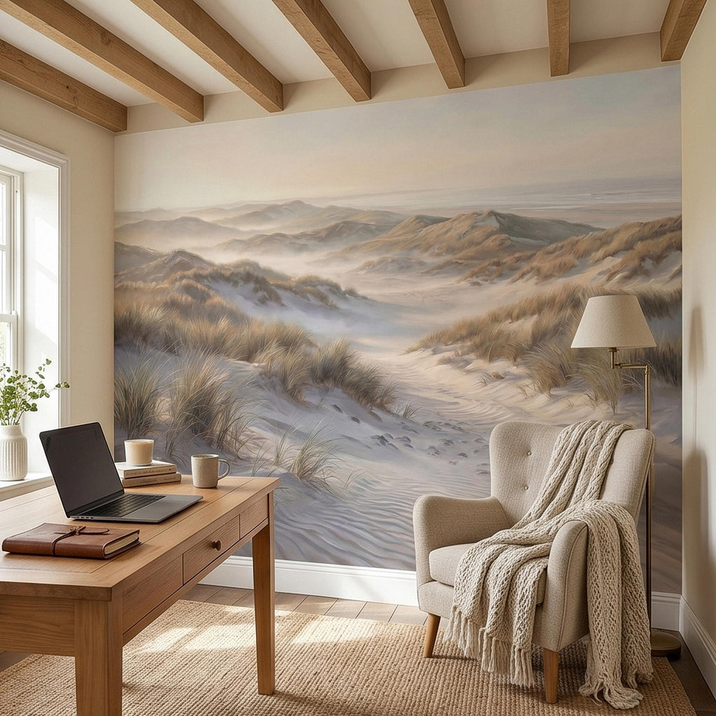 Coastal Sand Dunes Peel and Stick Wall Mural, Soft Neutral Beach Landscape with Sea Grass and Misty Horizon, Calm Minimal Wallpaper