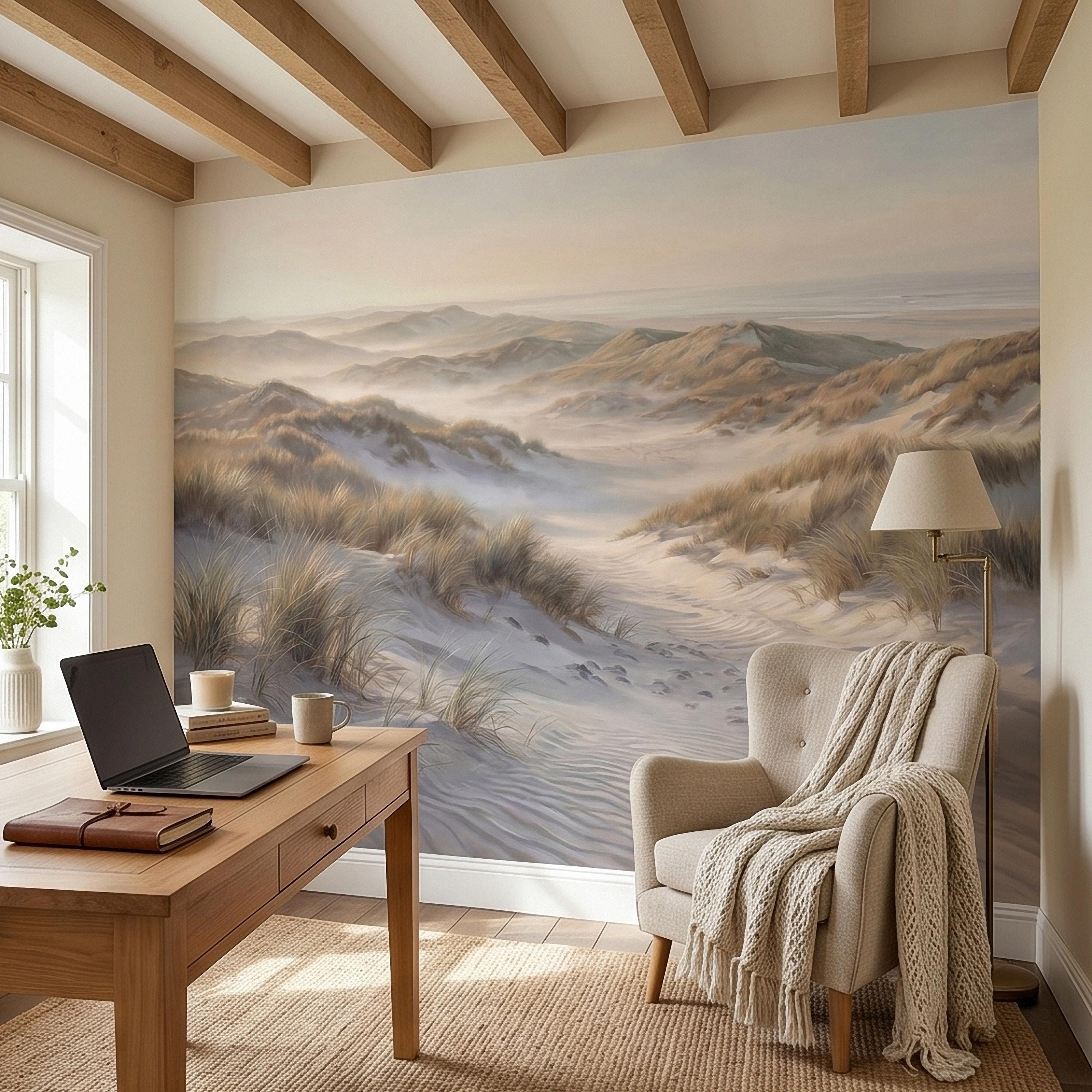 Coastal Sand Dunes Peel and Stick Wall Mural, Soft Neutral Beach Landscape with Sea Grass and Misty Horizon, Calm Minimal Wallpaper