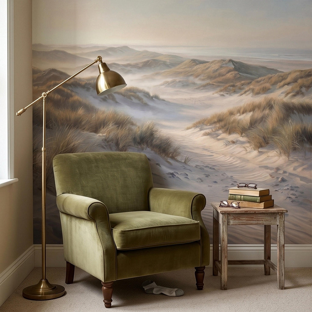 Coastal Sand Dunes Peel and Stick Wall Mural, Soft Neutral Beach Landscape with Sea Grass and Misty Horizon, Calm Minimal Wallpaper