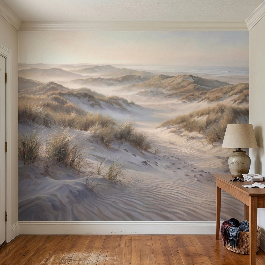 Coastal Sand Dunes Peel and Stick Wall Mural, Soft Neutral Beach Landscape with Sea Grass and Misty Horizon, Calm Minimal Wallpaper
