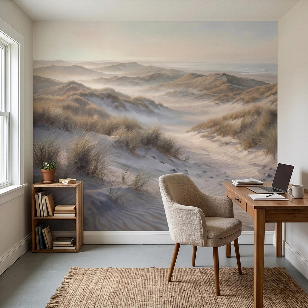 Coastal Sand Dunes Peel and Stick Wall Mural, Soft Neutral Beach Landscape with Sea Grass and Misty Horizon, Calm Minimal Wallpaper