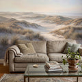 Coastal Sand Dunes Peel and Stick Wall Mural, Soft Neutral Beach Landscape with Sea Grass and Misty Horizon, Calm Minimal Wallpaper