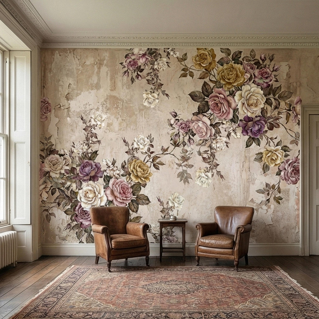 Vintage Rose Bouquet on Distressed Cream Wall Peel and Stick Wall Mural, Antique French Shabby Chic Floral, Victorian Roses Wallpaper