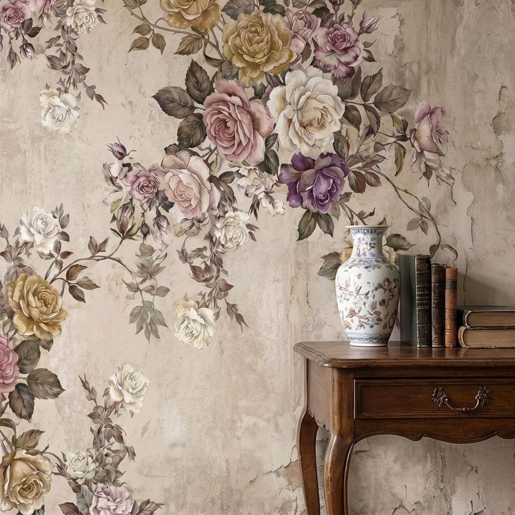 Vintage Rose Bouquet on Distressed Cream Wall Peel and Stick Wall Mural, Antique French Shabby Chic Floral, Victorian Roses Wallpaper