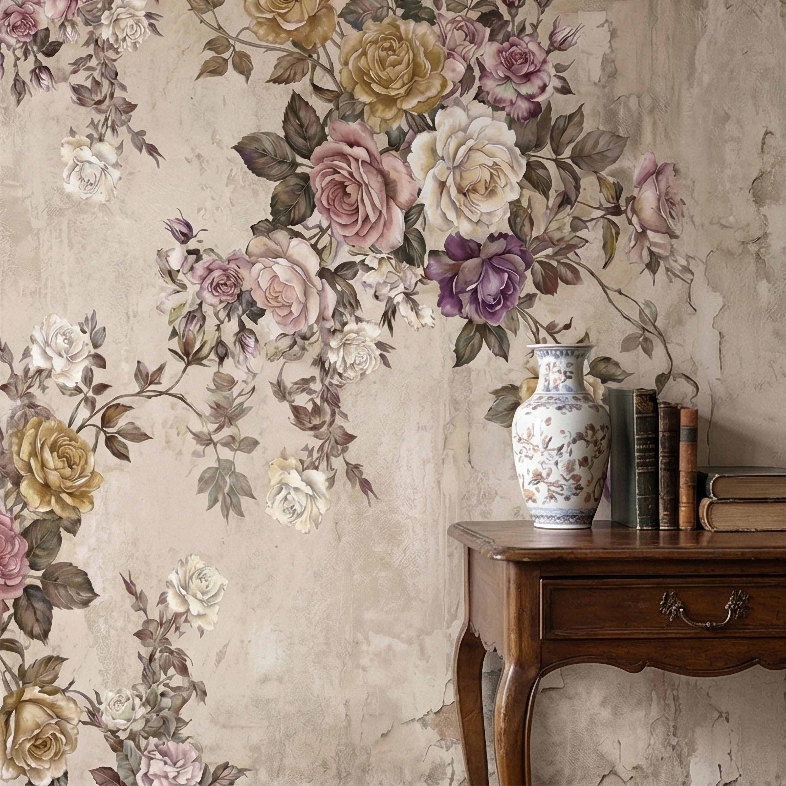 Vintage Rose Bouquet on Distressed Cream Wall Peel and Stick Wall Mural, Antique French Shabby Chic Floral, Victorian Roses Wallpaper