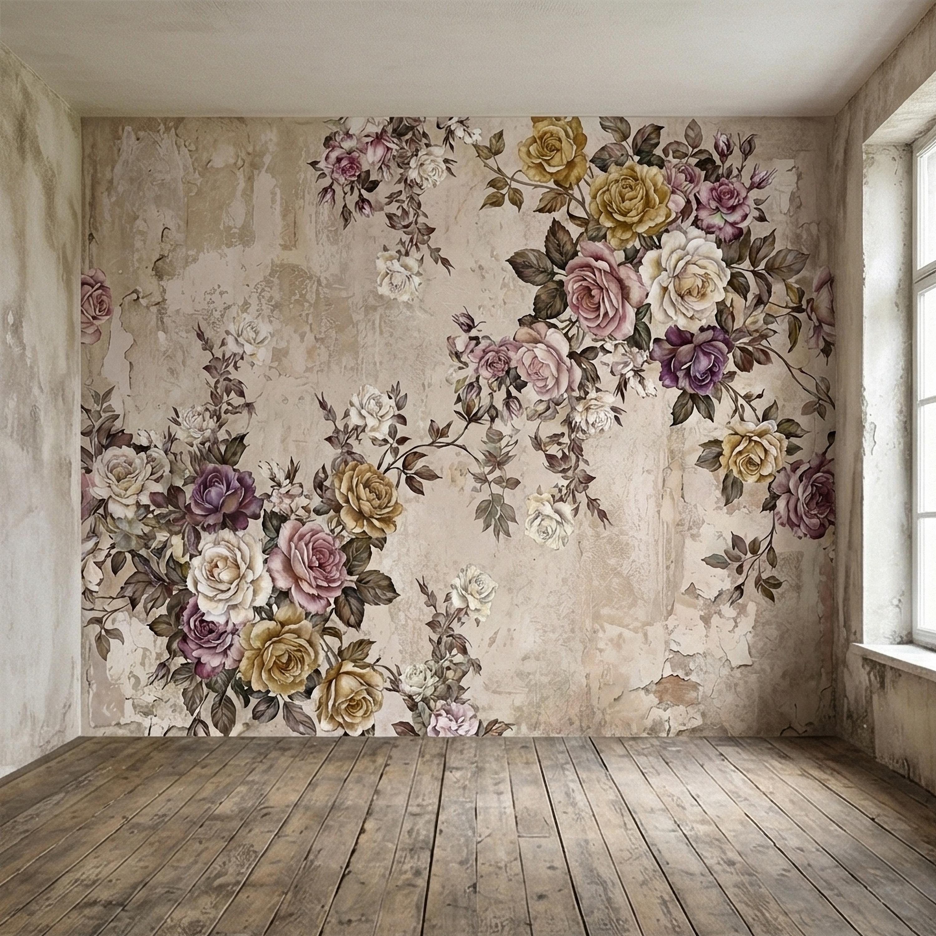 Vintage Rose Bouquet on Distressed Cream Wall Peel and Stick Wall Mural, Antique French Shabby Chic Floral, Victorian Roses Wallpaper