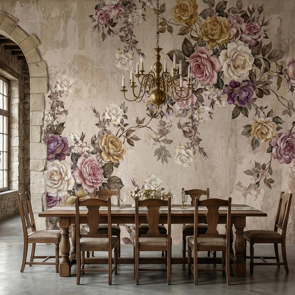 Vintage Rose Bouquet on Distressed Cream Wall Peel and Stick Wall Mural, Antique French Shabby Chic Floral, Victorian Roses Wallpaper
