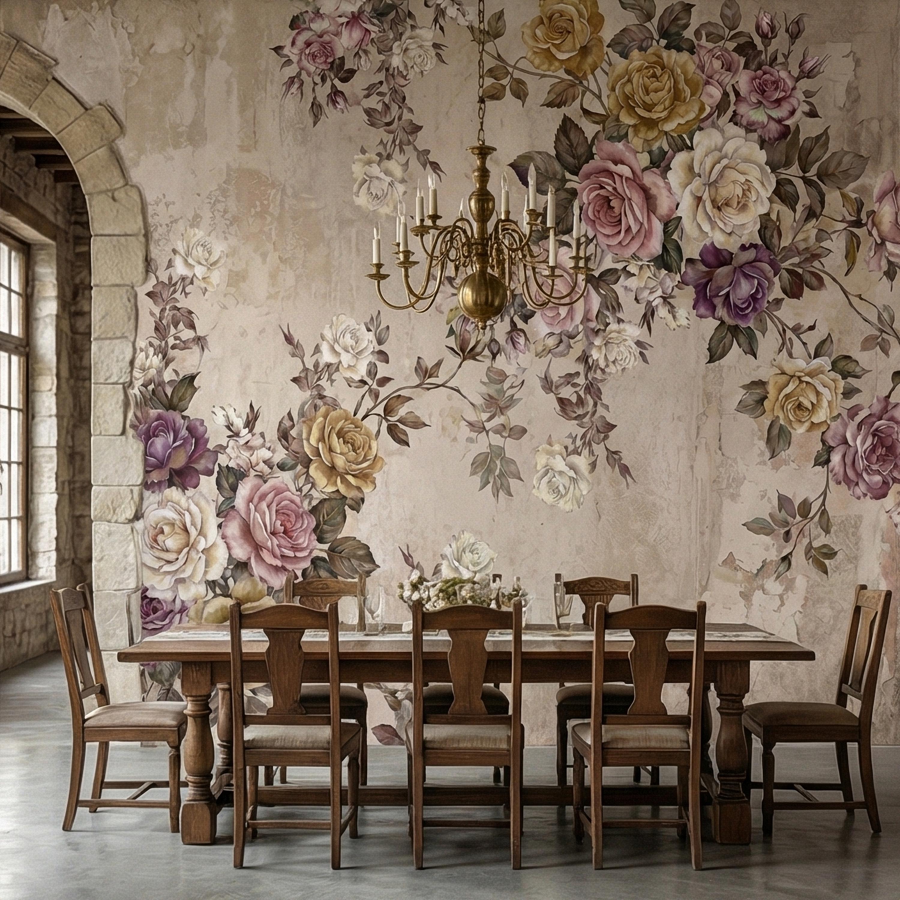 Vintage Rose Bouquet on Distressed Cream Wall Peel and Stick Wall Mural, Antique French Shabby Chic Floral, Victorian Roses Wallpaper