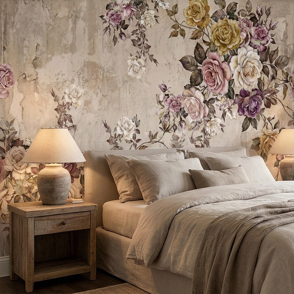 Vintage Rose Bouquet on Distressed Cream Wall Peel and Stick Wall Mural, Antique French Shabby Chic Floral, Victorian Roses Wallpaper