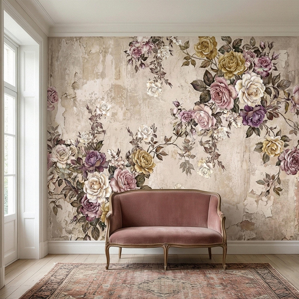 Vintage Rose Bouquet on Distressed Cream Wall Peel and Stick Wall Mural, Antique French Shabby Chic Floral, Victorian Roses Wallpaper
