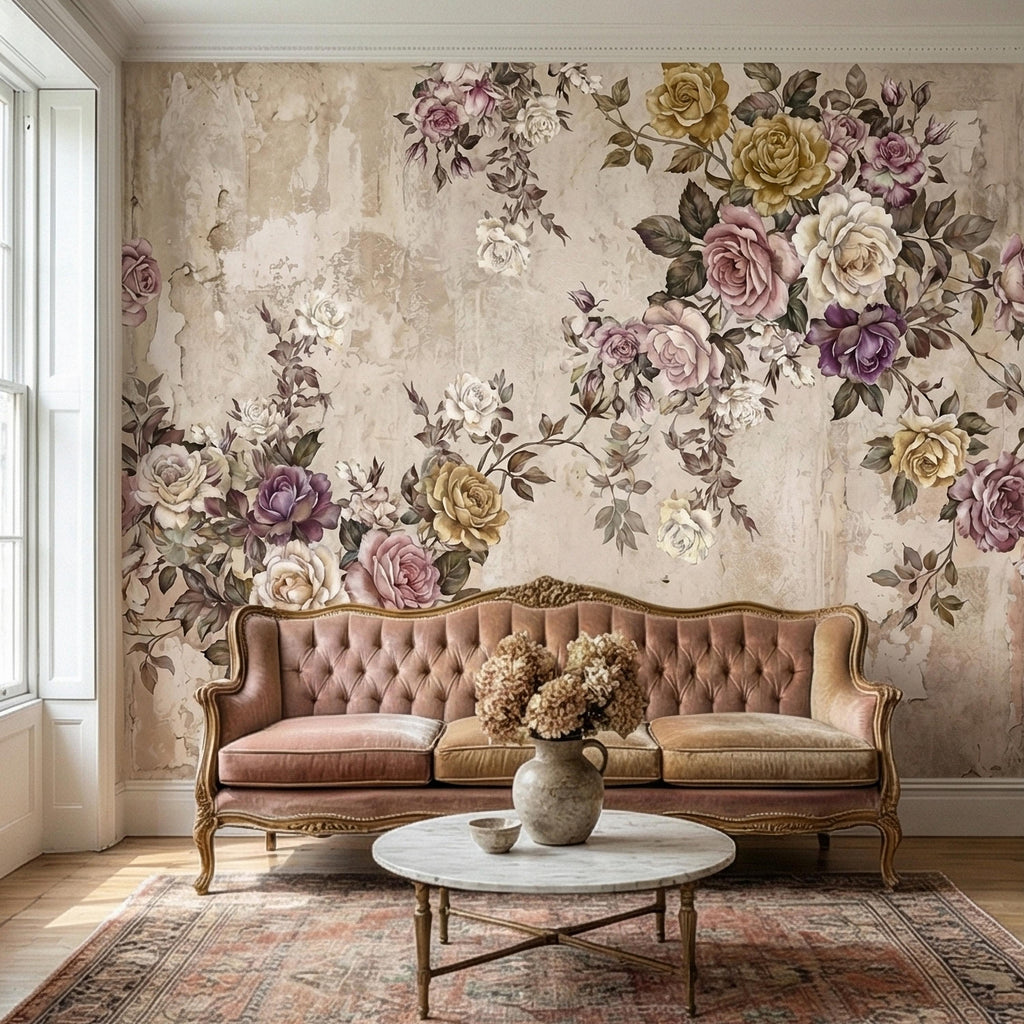 Vintage Rose Bouquet on Distressed Cream Wall Peel and Stick Wall Mural, Antique French Shabby Chic Floral, Victorian Roses Wallpaper