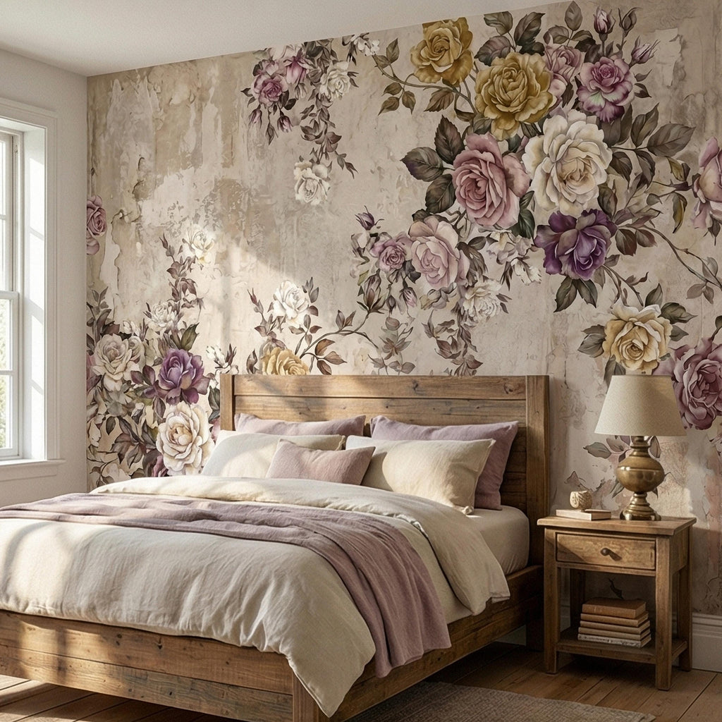 Vintage Rose Bouquet on Distressed Cream Wall Peel and Stick Wall Mural, Antique French Shabby Chic Floral, Victorian Roses Wallpaper