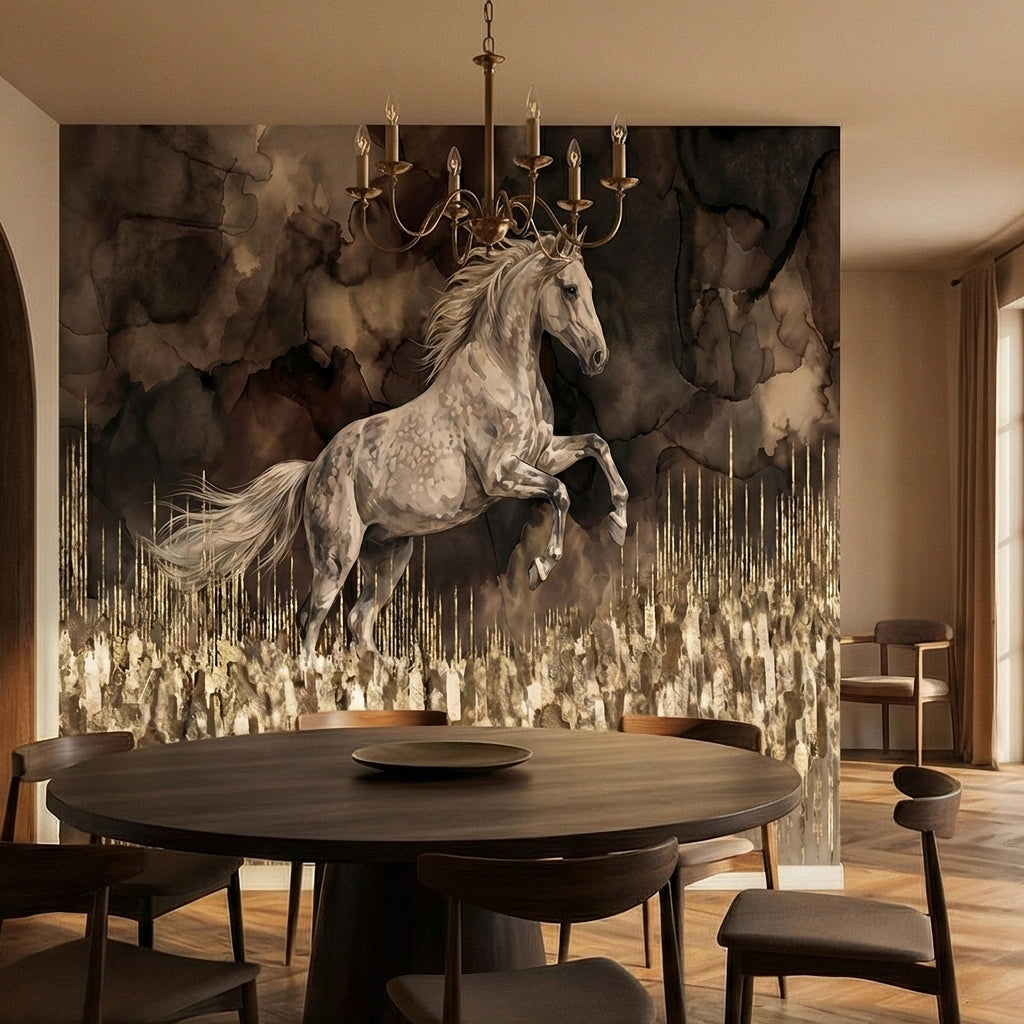 White Stallion Horse on Dark Moody Sepia Gilded Watercolor Peel and Stick Wall Mural, Equestrian Abstract Ink Wash Gold Look Drip Wallpaper