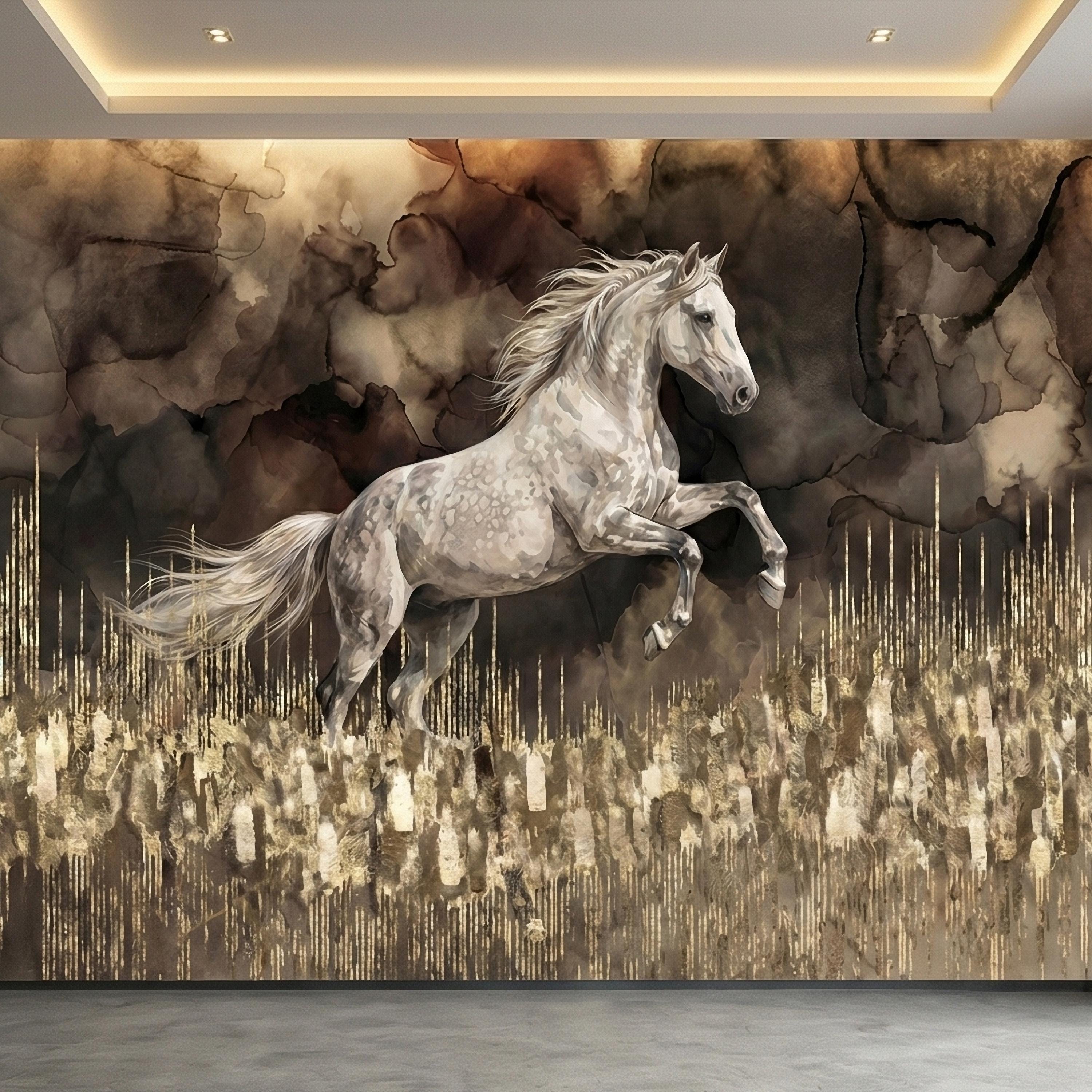 White Stallion Horse on Dark Moody Sepia Gilded Watercolor Peel and Stick Wall Mural, Equestrian Abstract Ink Wash Gold Look Drip Wallpaper
