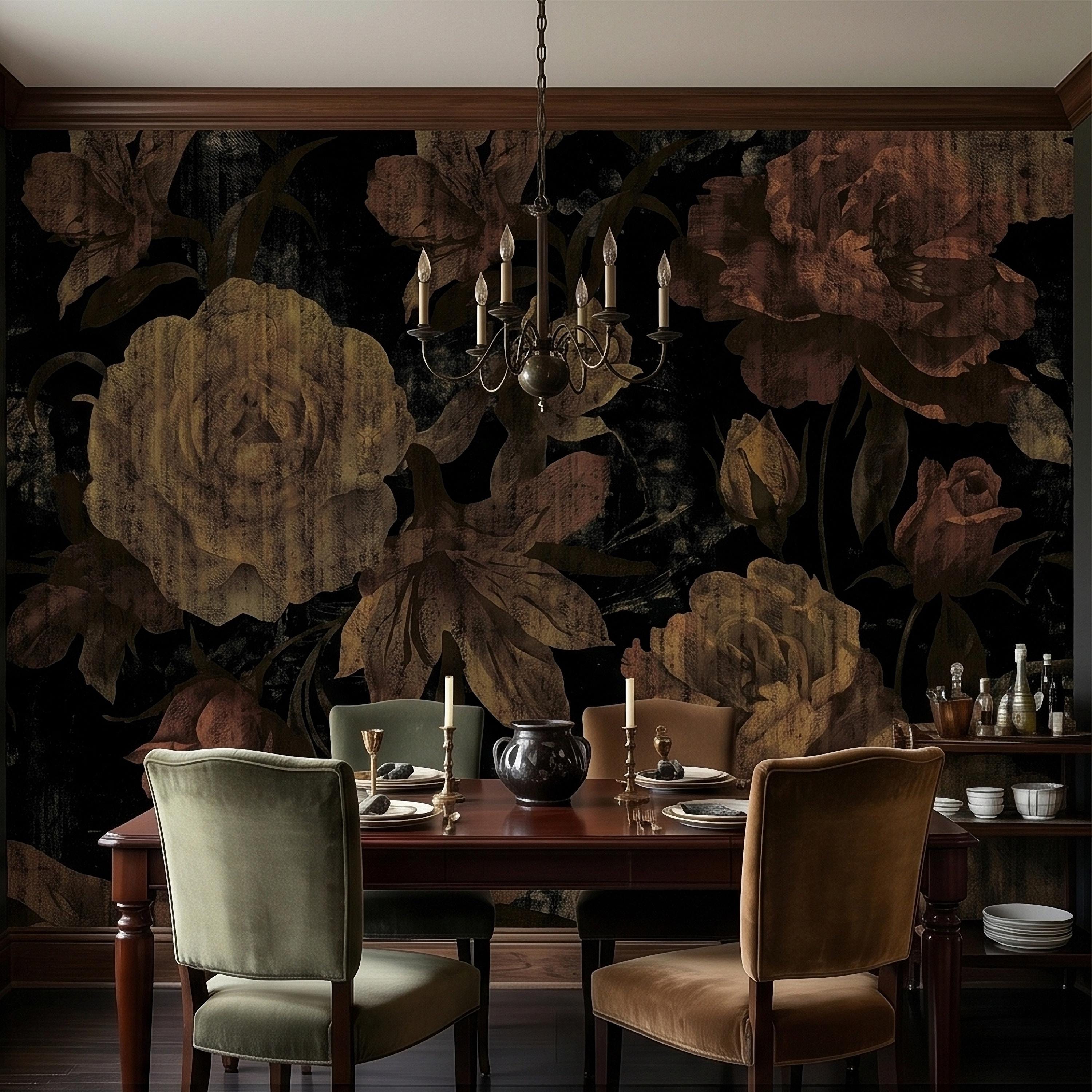 Dark Vintage Roses Peel and Stick Wall Mural, Moody Black Floral Botanical, Distressed Antique Flower Pattern, Gothic Grunge Wallpaper
