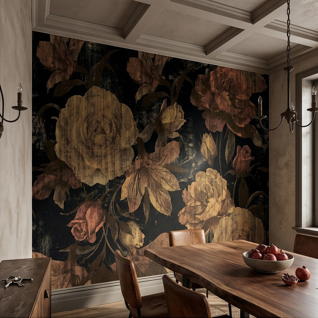 Dark Vintage Roses Peel and Stick Wall Mural, Moody Black Floral Botanical, Distressed Antique Flower Pattern, Gothic Grunge Wallpaper