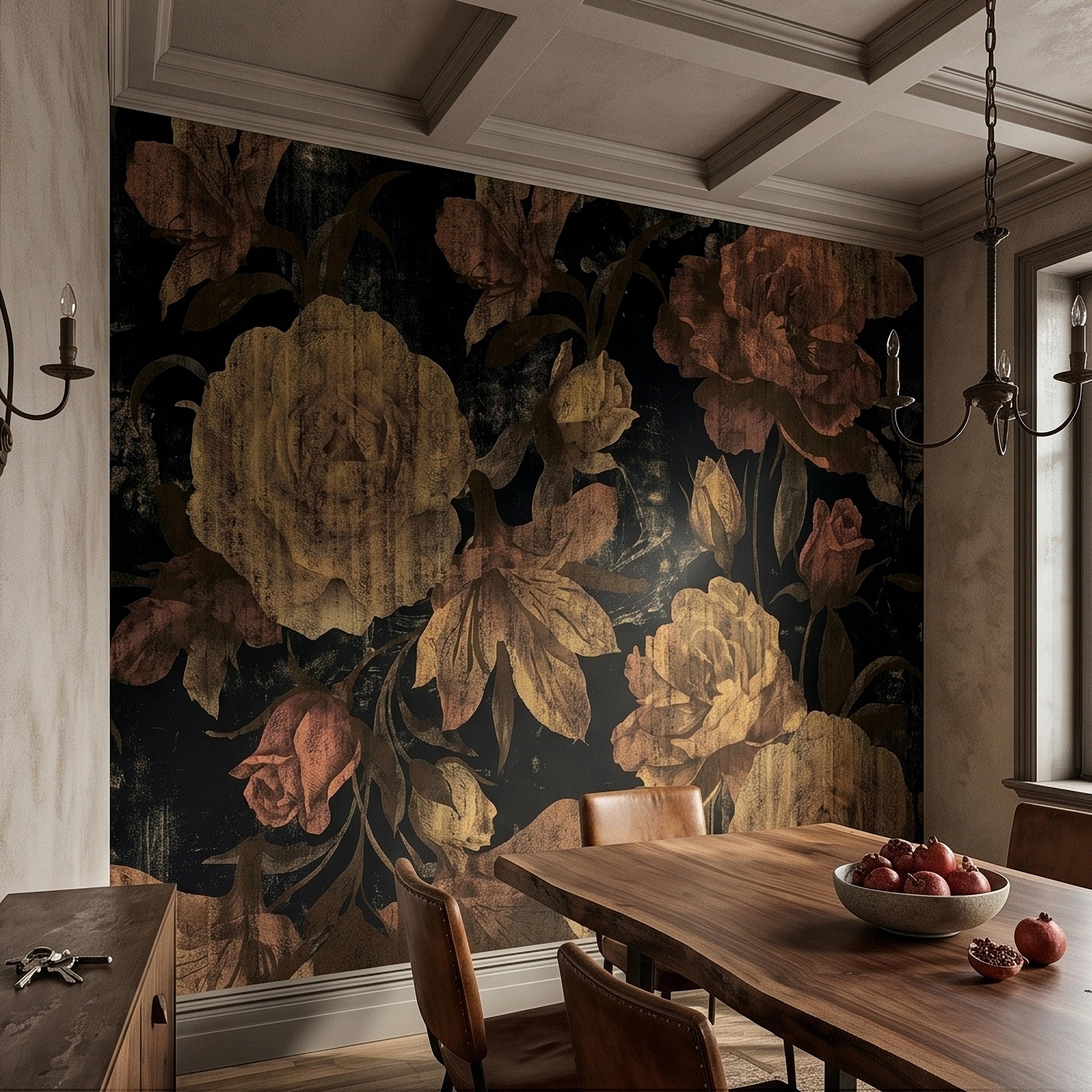 Dark Vintage Roses Peel and Stick Wall Mural, Moody Black Floral Botanical, Distressed Antique Flower Pattern, Gothic Grunge Wallpaper