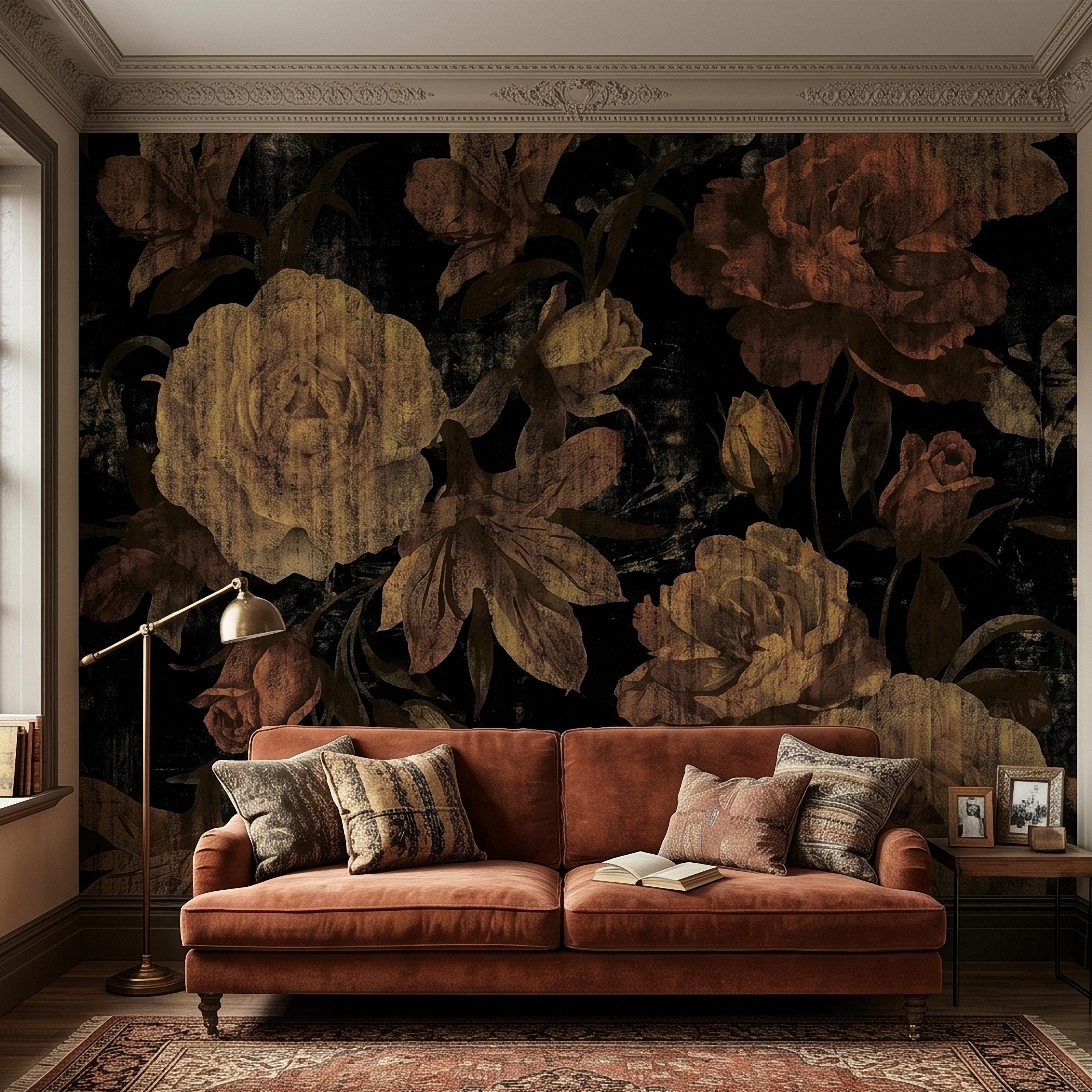 Dark Vintage Roses Peel and Stick Wall Mural, Moody Black Floral Botanical, Distressed Antique Flower Pattern, Gothic Grunge Wallpaper