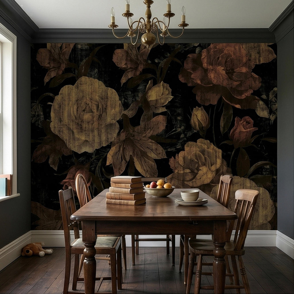 Dark Vintage Roses Peel and Stick Wall Mural, Moody Black Floral Botanical, Distressed Antique Flower Pattern, Gothic Grunge Wallpaper