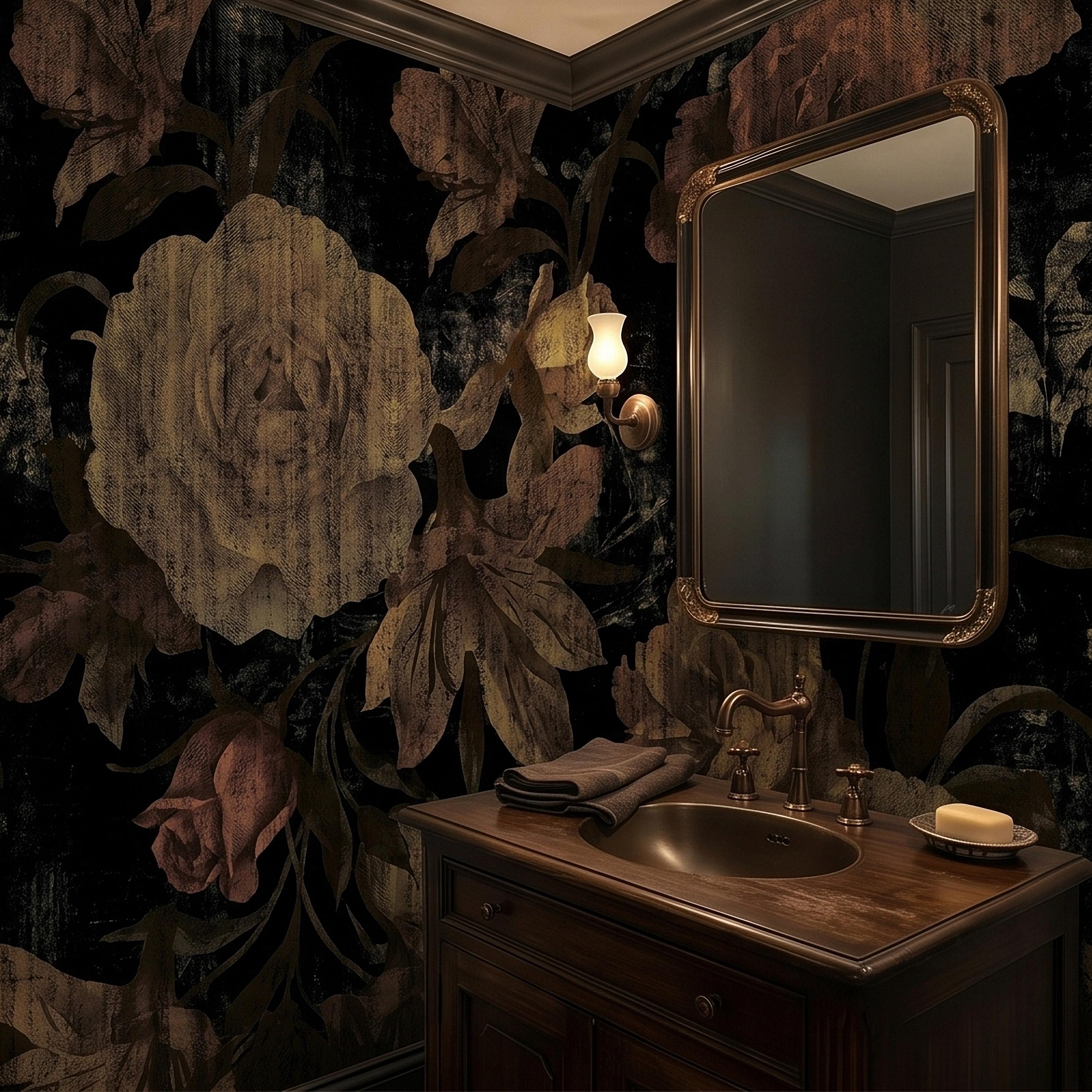 Dark Vintage Roses Peel and Stick Wall Mural, Moody Black Floral Botanical, Distressed Antique Flower Pattern, Gothic Grunge Wallpaper
