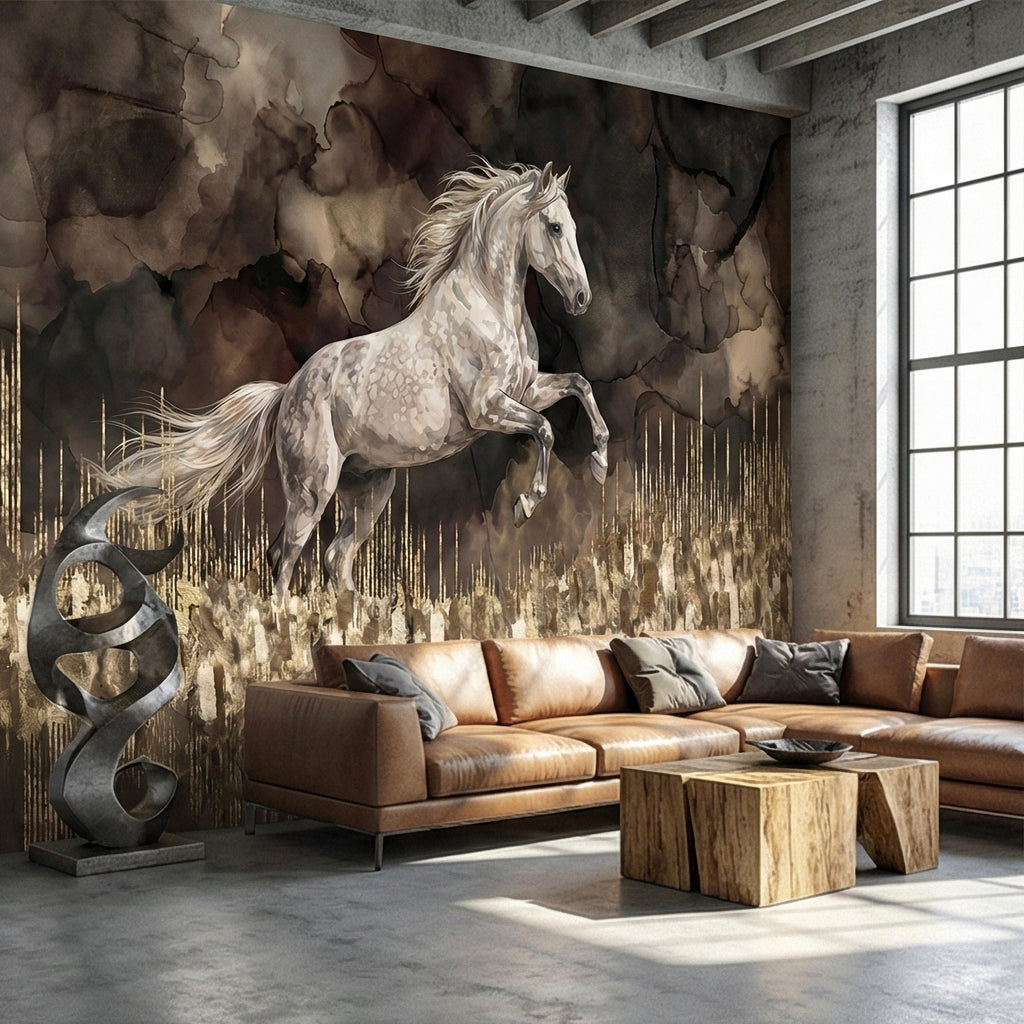 White Stallion Horse on Dark Moody Sepia Gilded Watercolor Peel and Stick Wall Mural, Equestrian Abstract Ink Wash Gold Look Drip Wallpaper