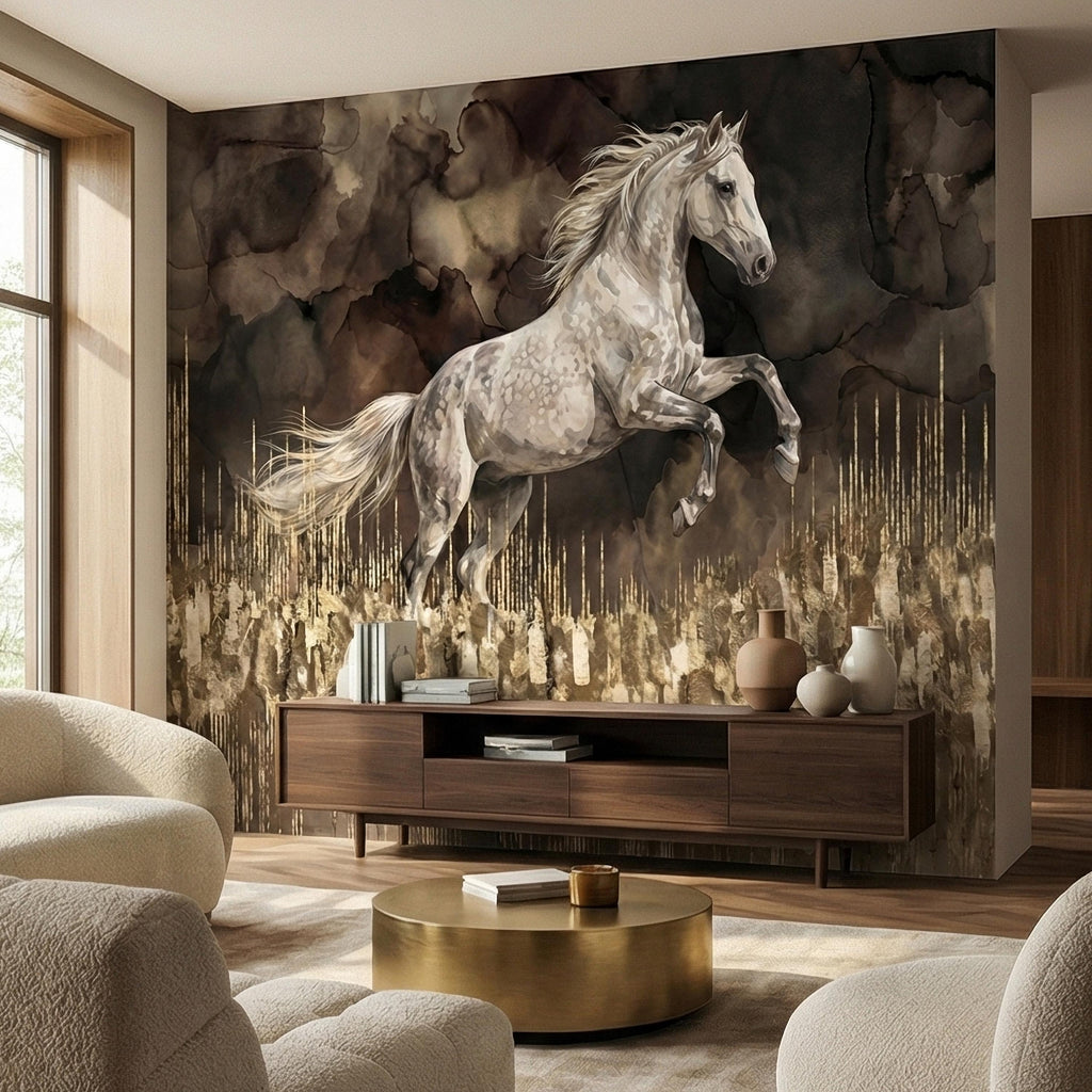 White Stallion Horse on Dark Moody Sepia Gilded Watercolor Peel and Stick Wall Mural, Equestrian Abstract Ink Wash Gold Look Drip Wallpaper