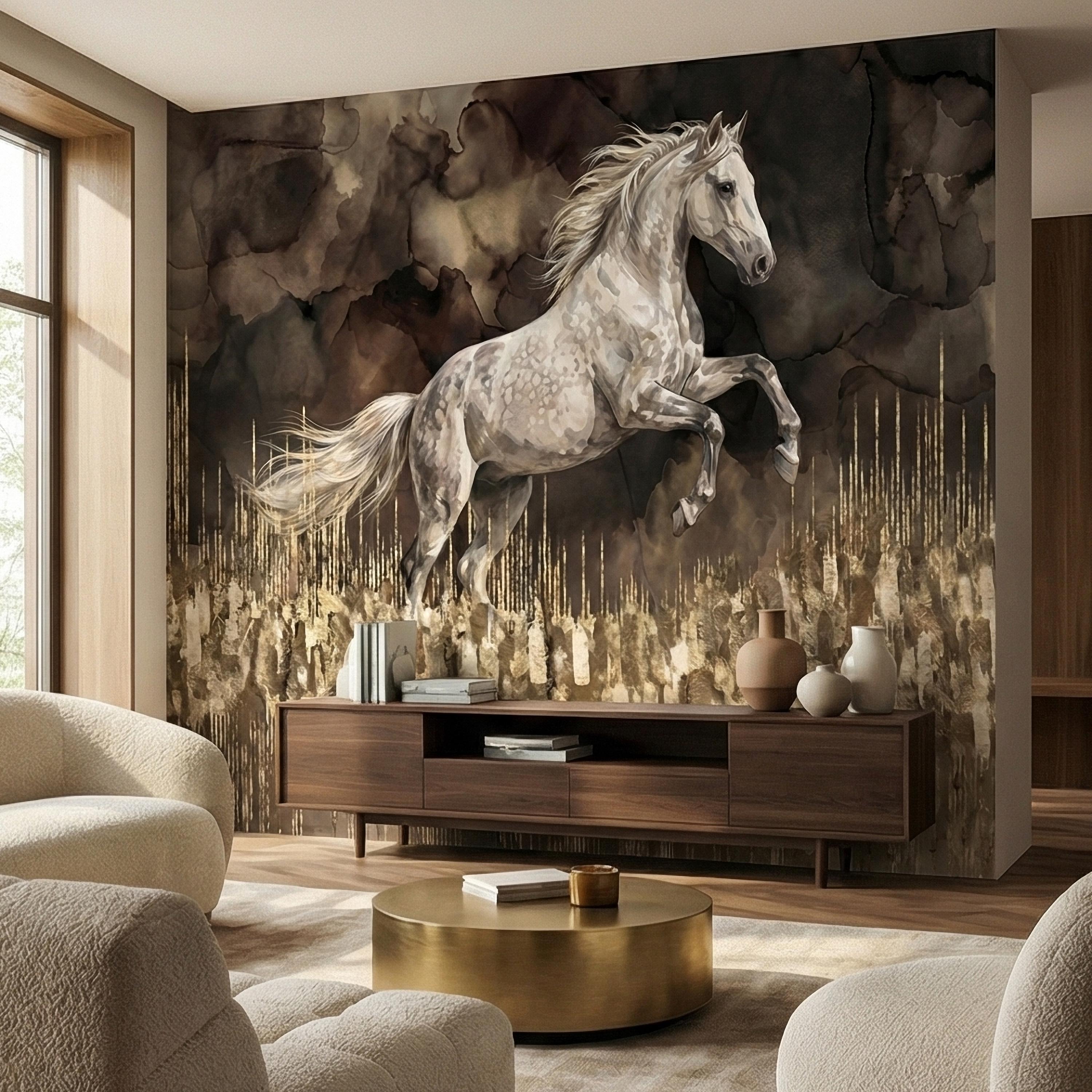 White Stallion Horse on Dark Moody Sepia Gilded Watercolor Peel and Stick Wall Mural, Equestrian Abstract Ink Wash Gold Look Drip Wallpaper