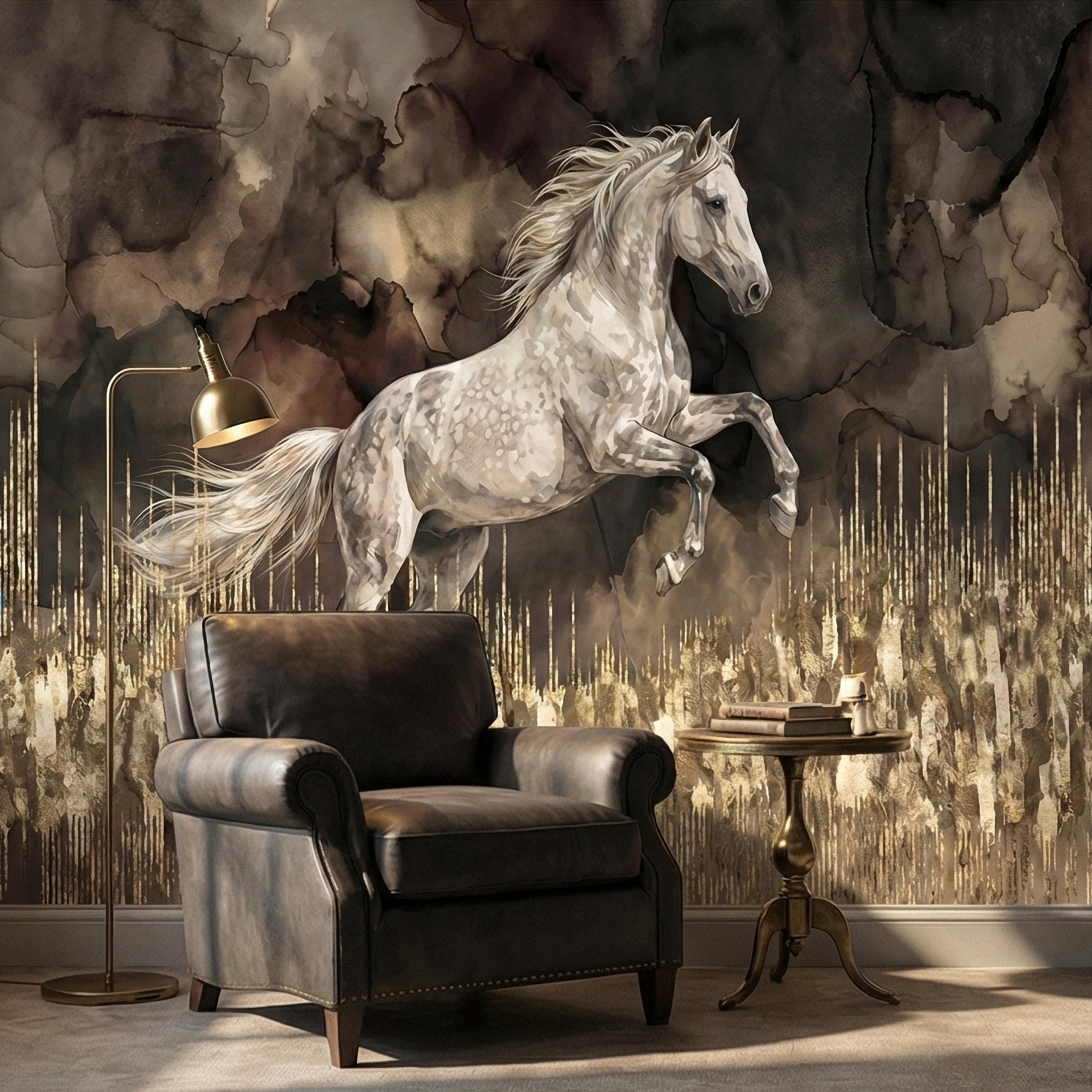 White Stallion Horse on Dark Moody Sepia Gilded Watercolor Peel and Stick Wall Mural, Equestrian Abstract Ink Wash Gold Look Drip Wallpaper
