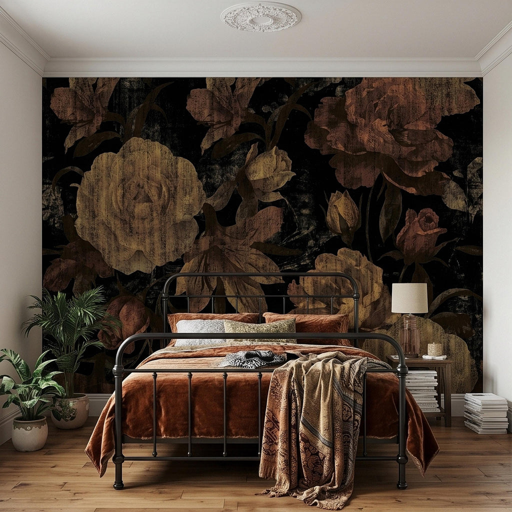 Dark Vintage Roses Peel and Stick Wall Mural, Moody Black Floral Botanical, Distressed Antique Flower Pattern, Gothic Grunge Wallpaper