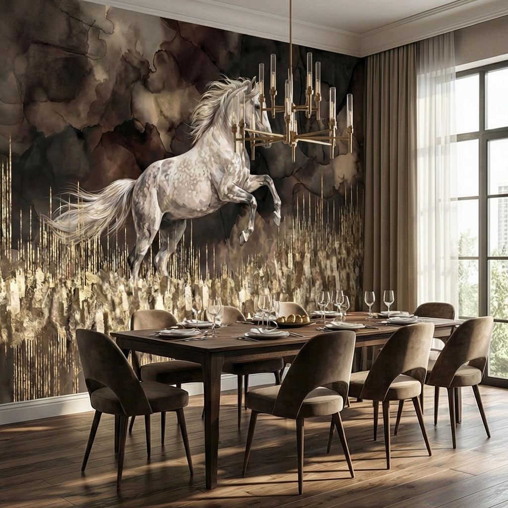 White Stallion Horse on Dark Moody Sepia Gilded Watercolor Peel and Stick Wall Mural, Equestrian Abstract Ink Wash Gold Look Drip Wallpaper