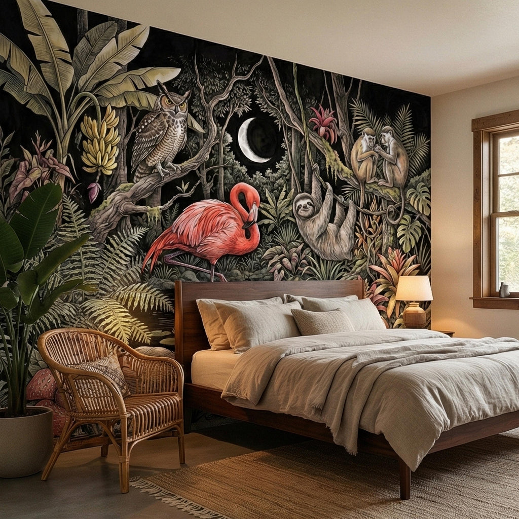 Night Jungle Flamingo Sloth Monkeys Owl Crescent Moon Peel and Stick Wall Mural Vintage Tropical Rainforest Botanicals Dark Exotic Wallpaper