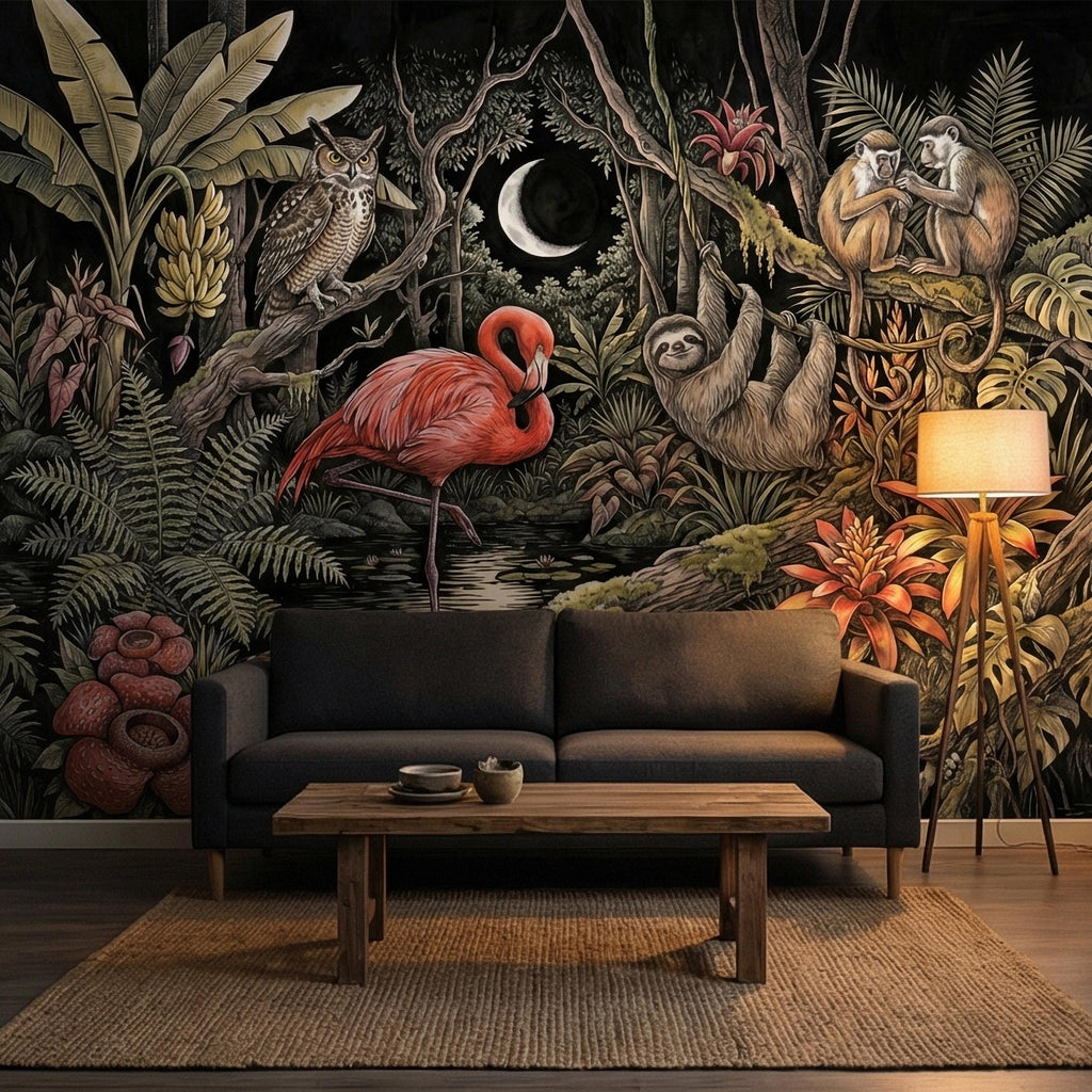 Night Jungle Flamingo Sloth Monkeys Owl Crescent Moon Peel and Stick Wall Mural Vintage Tropical Rainforest Botanicals Dark Exotic Wallpaper