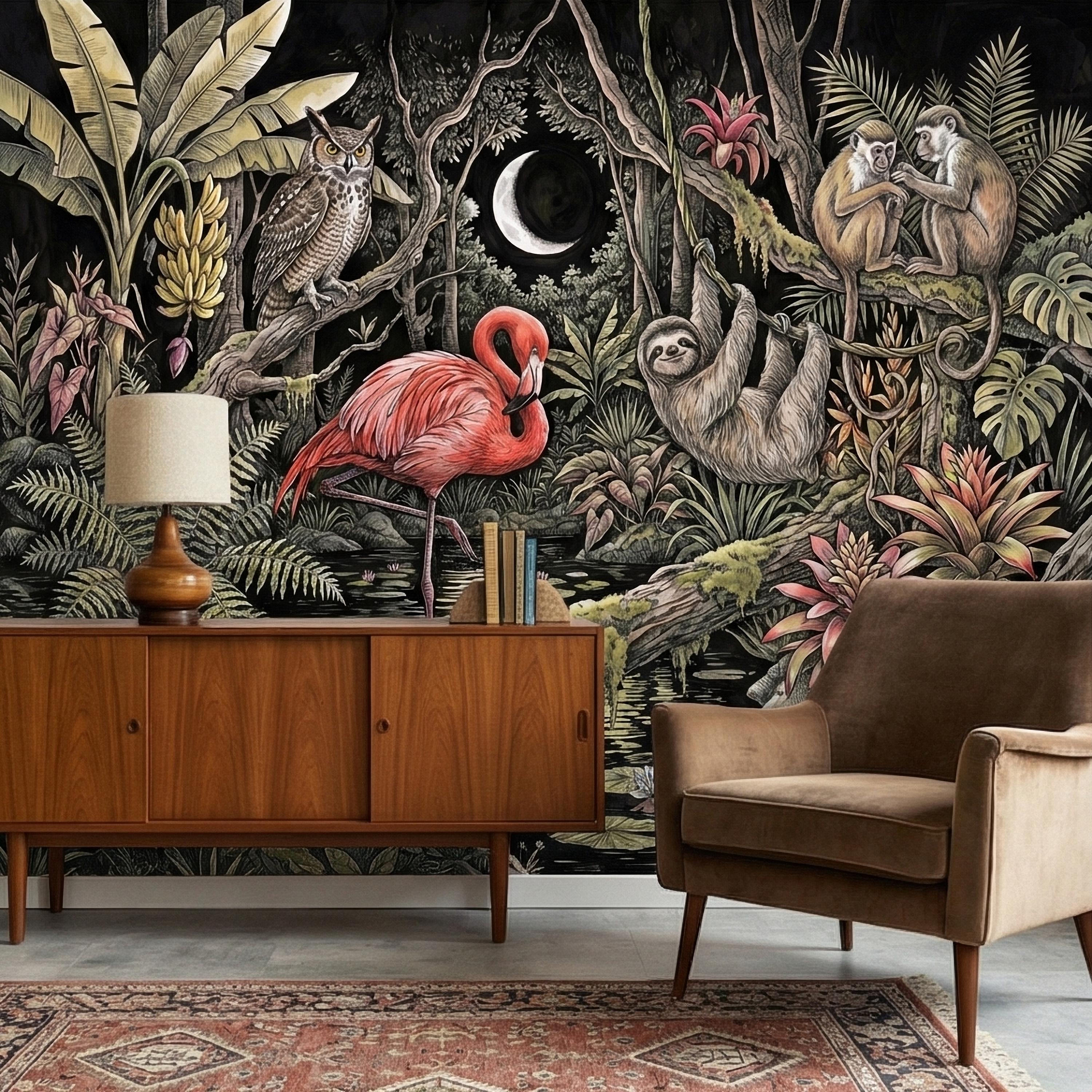 Night Jungle Flamingo Sloth Monkeys Owl Crescent Moon Peel and Stick Wall Mural Vintage Tropical Rainforest Botanicals Dark Exotic Wallpaper