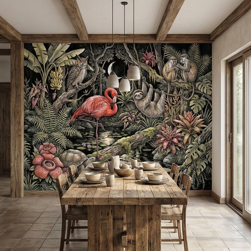 Night Jungle Flamingo Sloth Monkeys Owl Crescent Moon Peel and Stick Wall Mural Vintage Tropical Rainforest Botanicals Dark Exotic Wallpaper