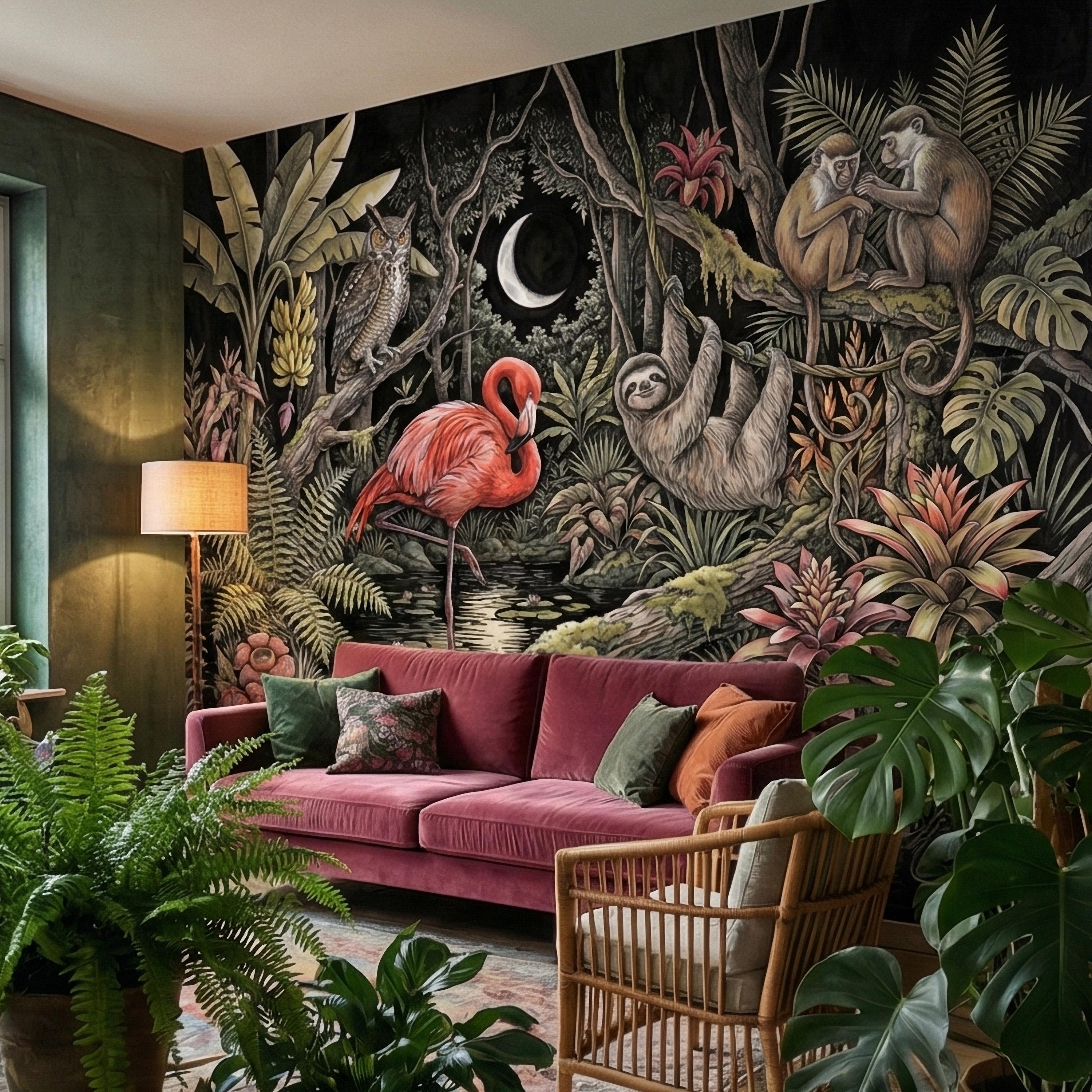 Night Jungle Flamingo Sloth Monkeys Owl Crescent Moon Peel and Stick Wall Mural Vintage Tropical Rainforest Botanicals Dark Exotic Wallpaper