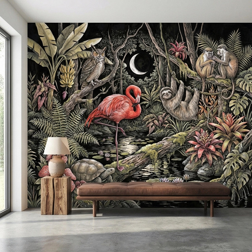 Night Jungle Flamingo Sloth Monkeys Owl Crescent Moon Peel and Stick Wall Mural Vintage Tropical Rainforest Botanicals Dark Exotic Wallpaper
