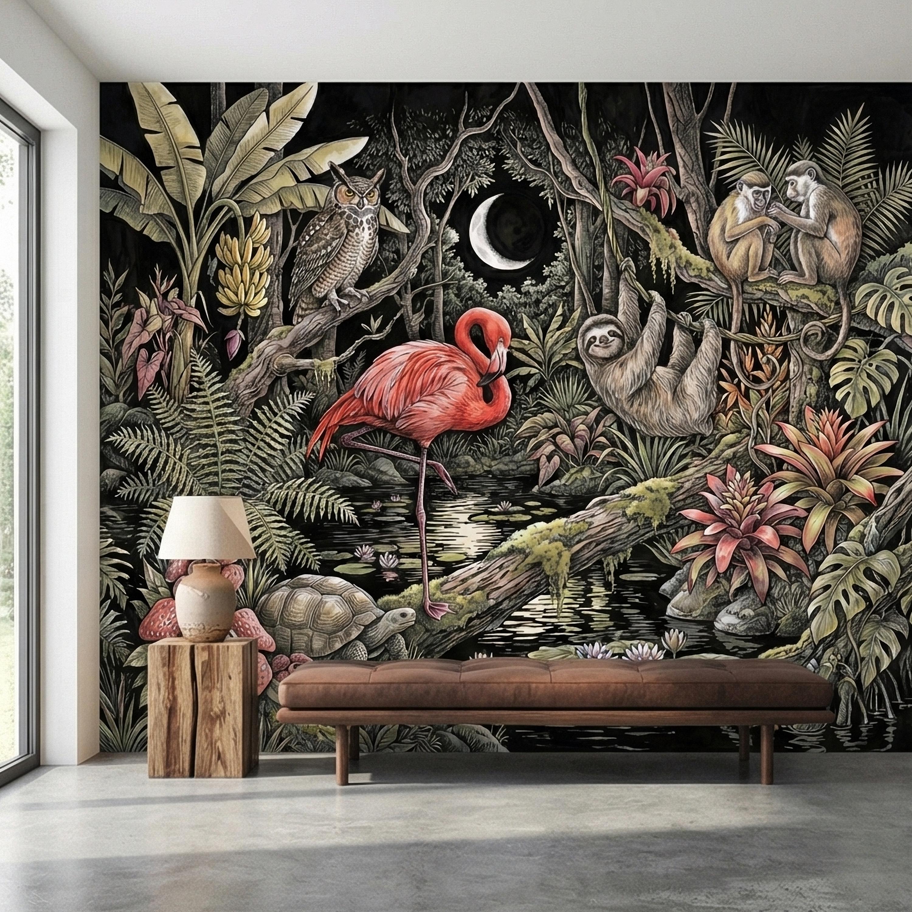 Night Jungle Flamingo Sloth Monkeys Owl Crescent Moon Peel and Stick Wall Mural Vintage Tropical Rainforest Botanicals Dark Exotic Wallpaper