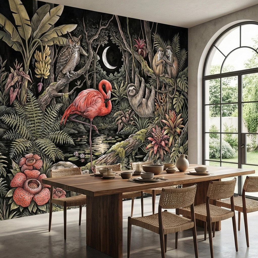 Night Jungle Flamingo Sloth Monkeys Owl Crescent Moon Peel and Stick Wall Mural Vintage Tropical Rainforest Botanicals Dark Exotic Wallpaper