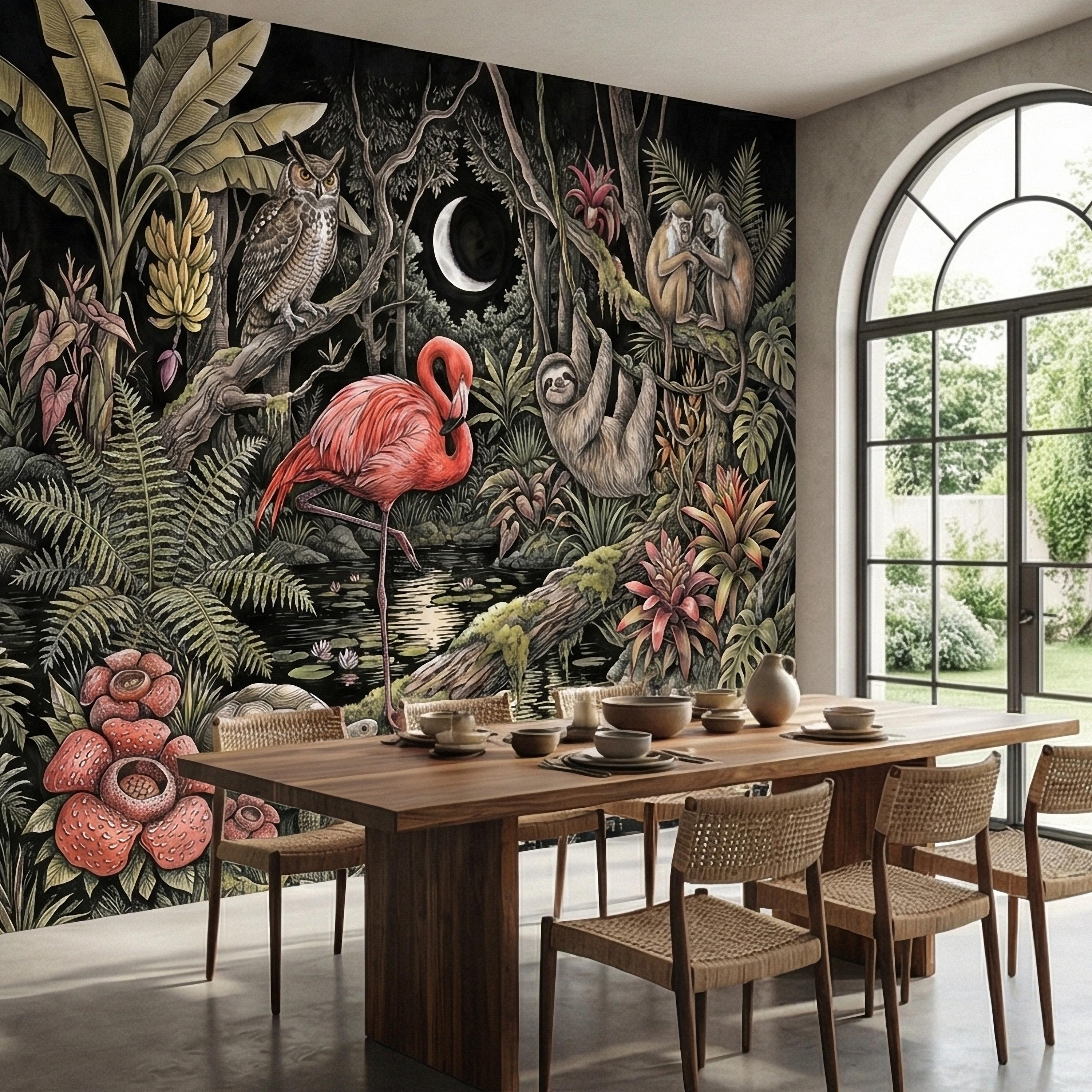 Night Jungle Flamingo Sloth Monkeys Owl Crescent Moon Peel and Stick Wall Mural Vintage Tropical Rainforest Botanicals Dark Exotic Wallpaper