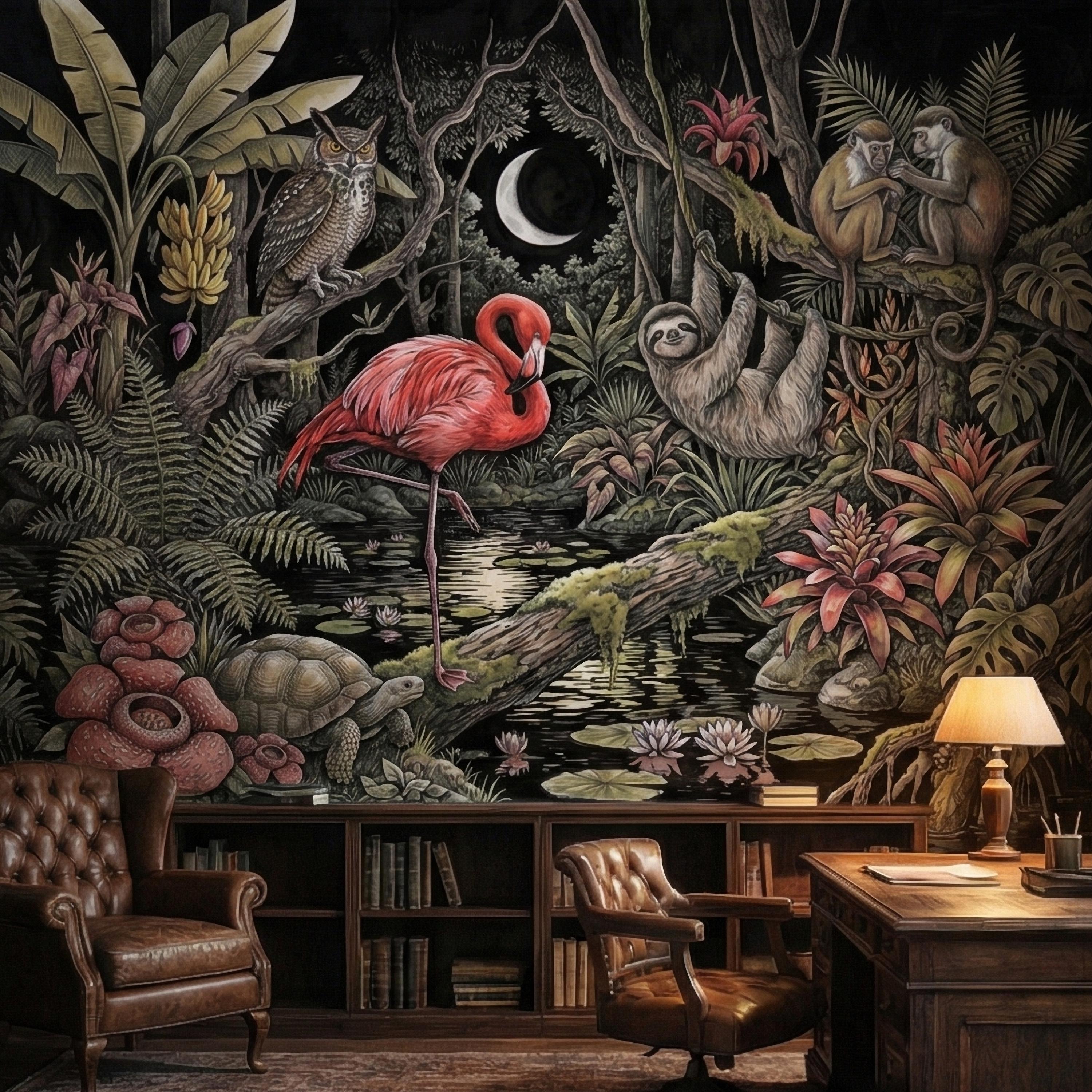 Night Jungle Flamingo Sloth Monkeys Owl Crescent Moon Peel and Stick Wall Mural Vintage Tropical Rainforest Botanicals Dark Exotic Wallpaper
