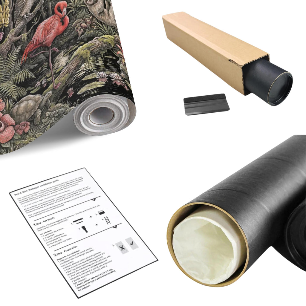 Night Jungle Flamingo Sloth Monkeys Owl Crescent Moon Peel and Stick Wall Mural Vintage Tropical Rainforest Botanicals Dark Exotic Wallpaper
