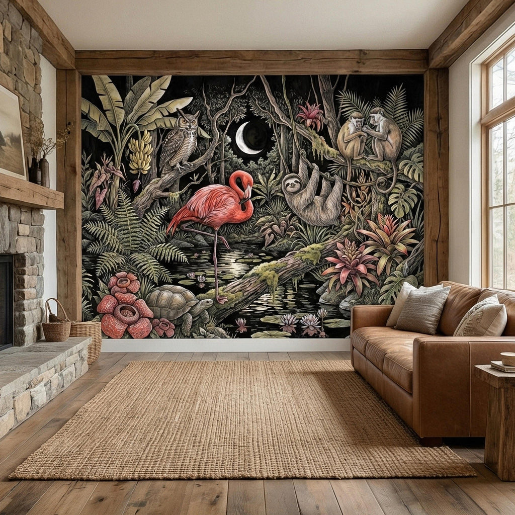 Night Jungle Flamingo Sloth Monkeys Owl Crescent Moon Peel and Stick Wall Mural Vintage Tropical Rainforest Botanicals Dark Exotic Wallpaper