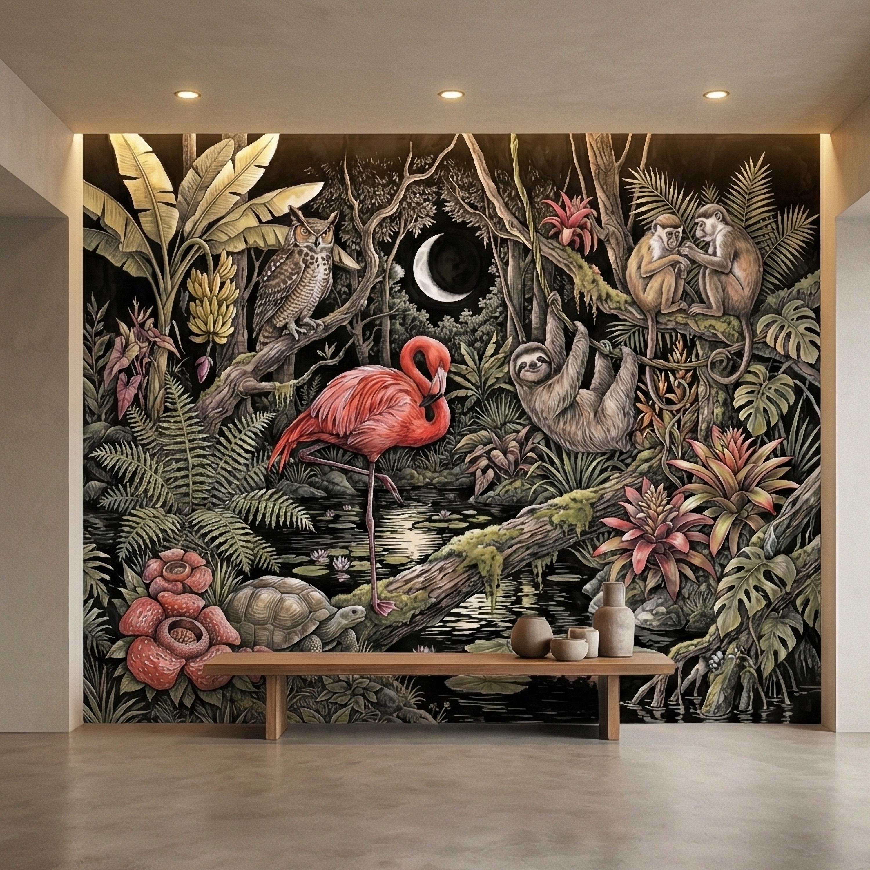Night Jungle Flamingo Sloth Monkeys Owl Crescent Moon Peel and Stick Wall Mural Vintage Tropical Rainforest Botanicals Dark Exotic Wallpaper