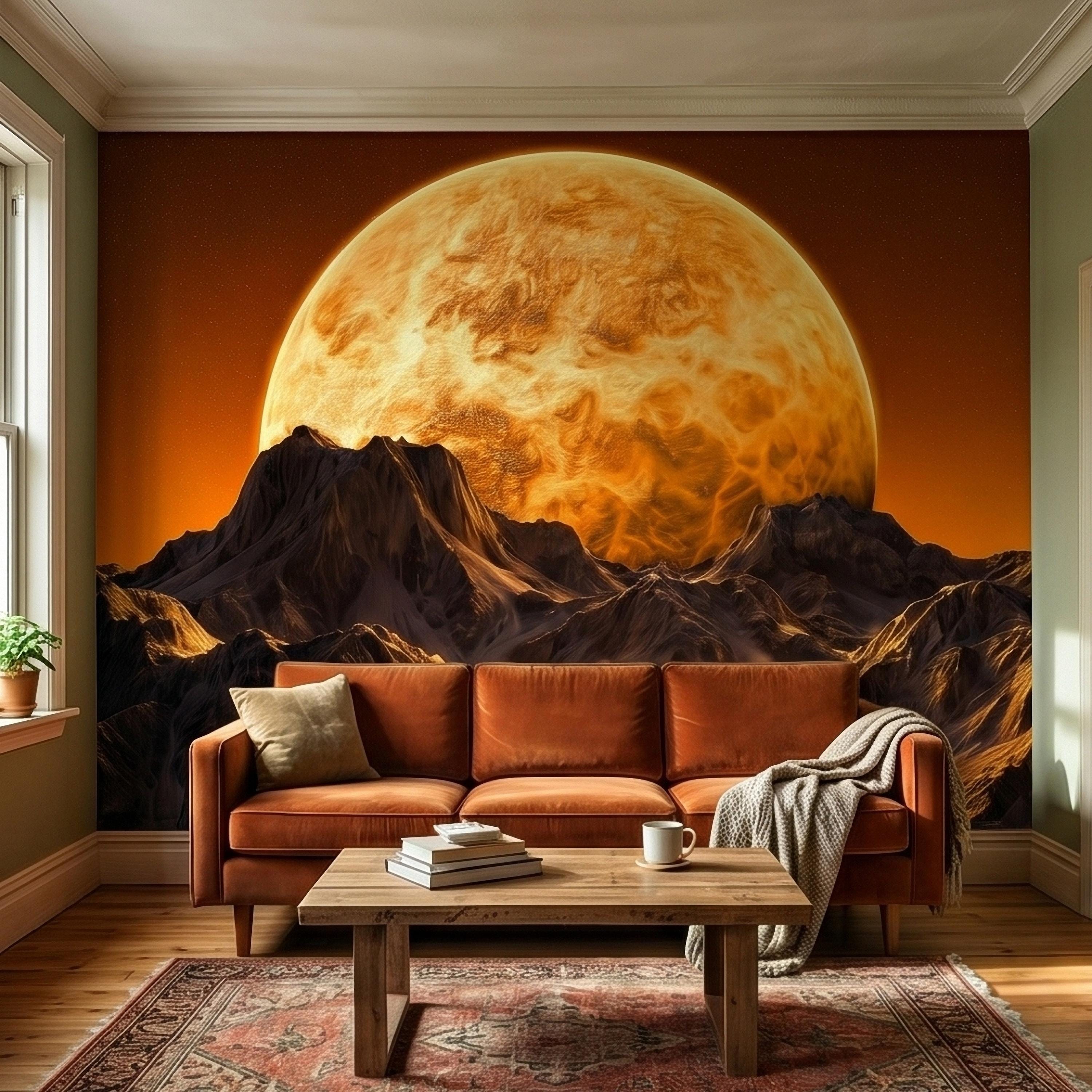 Giant Sun Over Mountains Peel and Stick Wall Mural, Space Sci Fi Celestial Landscape with Orange Sky, Epic Lunar Planet Horizon Wallpaper