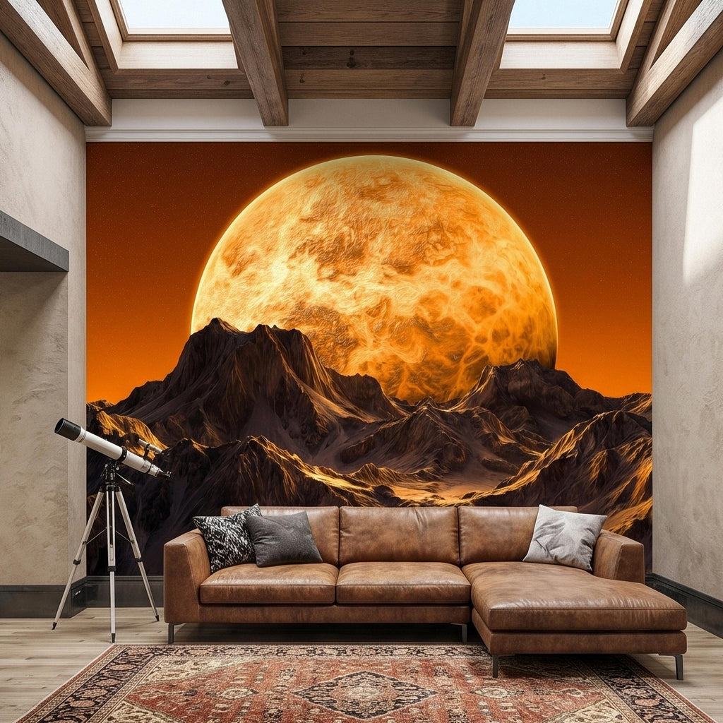 Giant Sun Over Mountains Peel and Stick Wall Mural, Space Sci Fi Celestial Landscape with Orange Sky, Epic Lunar Planet Horizon Wallpaper