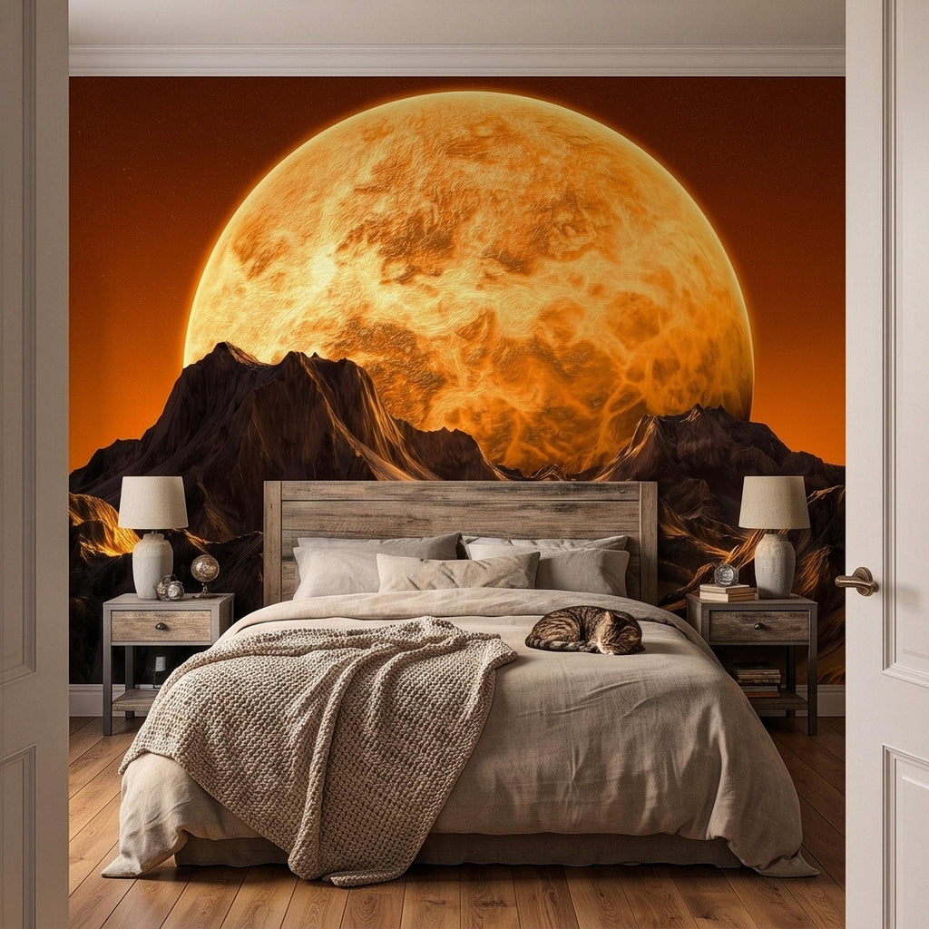 Giant Sun Over Mountains Peel and Stick Wall Mural, Space Sci Fi Celestial Landscape with Orange Sky, Epic Lunar Planet Horizon Wallpaper