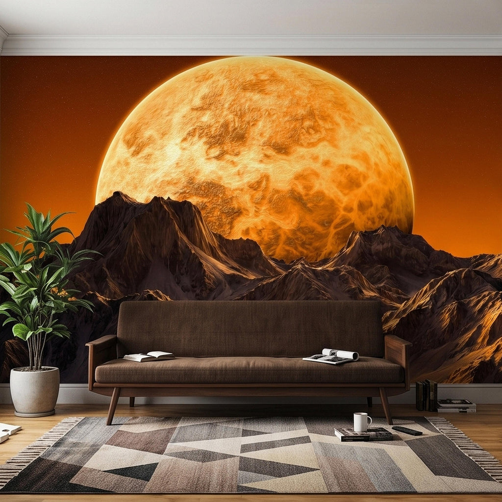 Giant Sun Over Mountains Peel and Stick Wall Mural, Space Sci Fi Celestial Landscape with Orange Sky, Epic Lunar Planet Horizon Wallpaper
