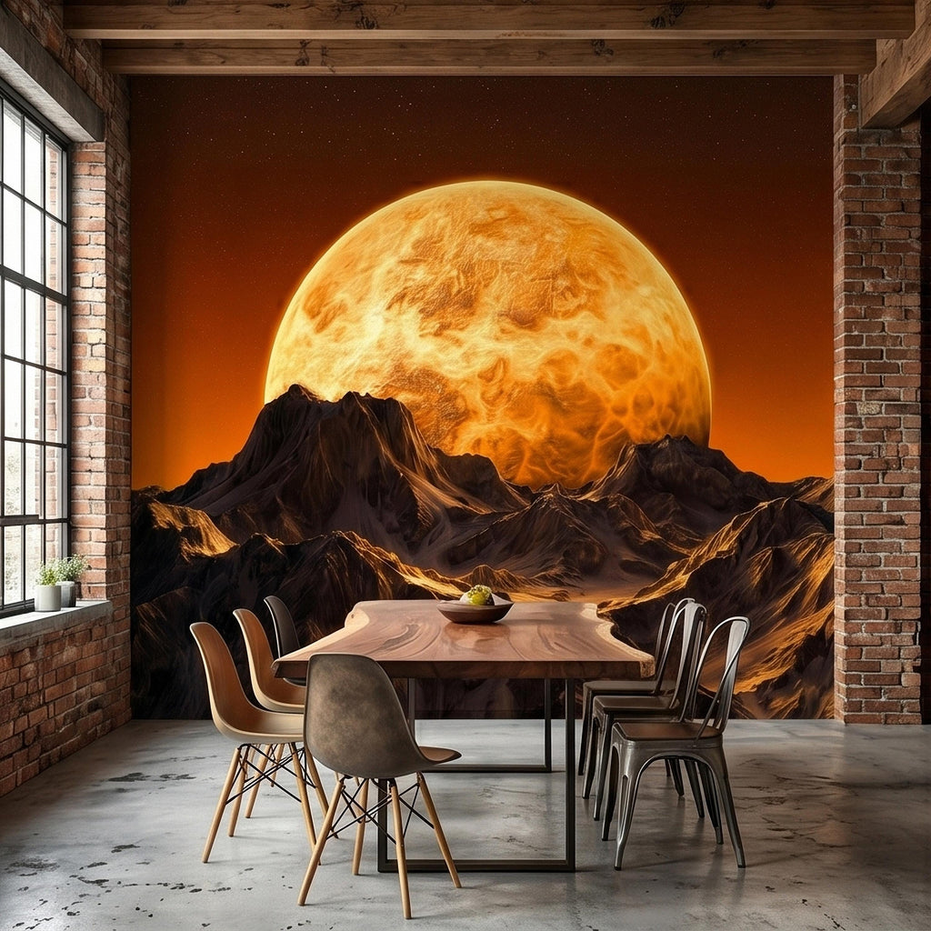 Giant Sun Over Mountains Peel and Stick Wall Mural, Space Sci Fi Celestial Landscape with Orange Sky, Epic Lunar Planet Horizon Wallpaper