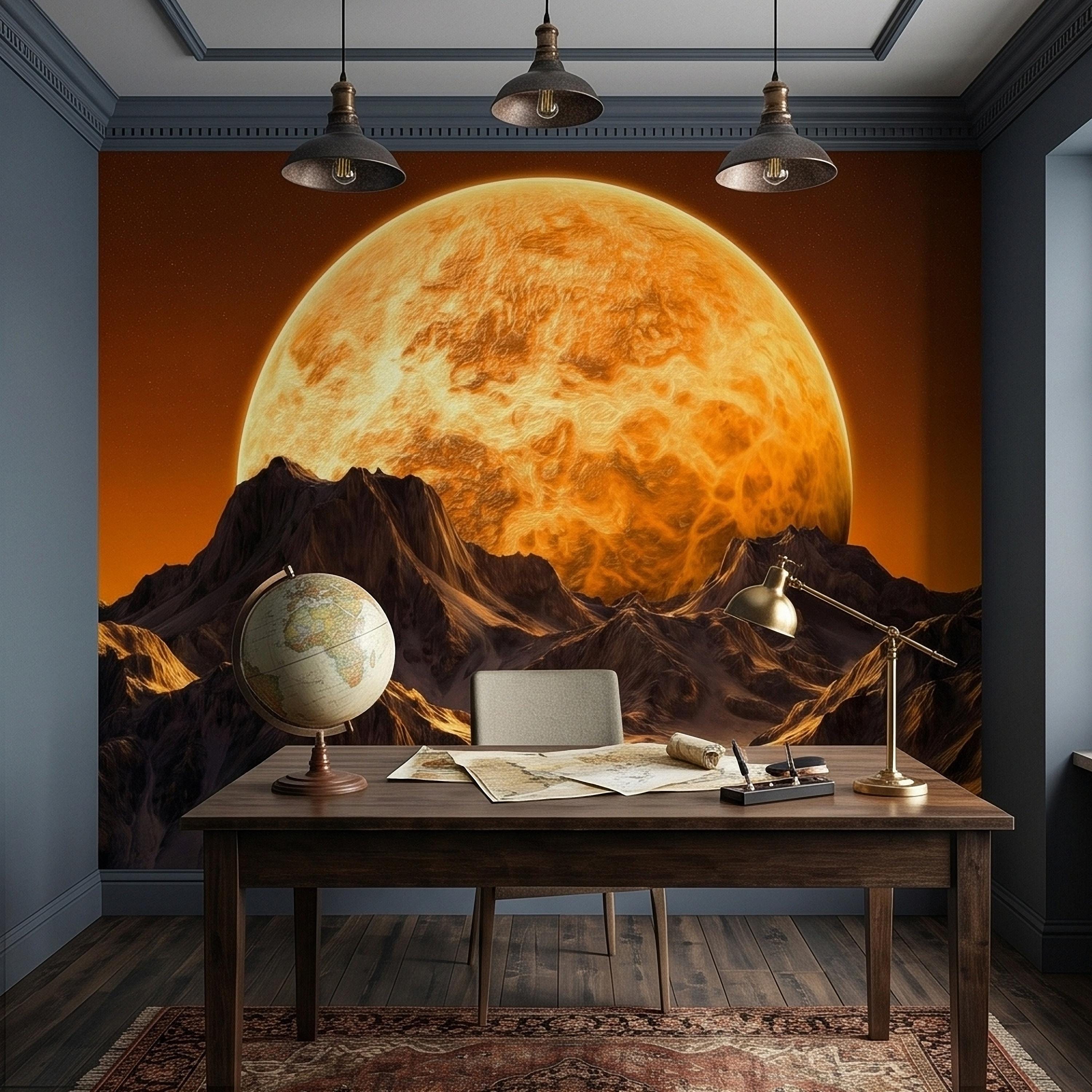 Giant Sun Over Mountains Peel and Stick Wall Mural, Space Sci Fi Celestial Landscape with Orange Sky, Epic Lunar Planet Horizon Wallpaper